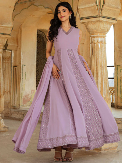 Lavender Embroidered Georgette Festive Wear Gown With Dupatta for Women