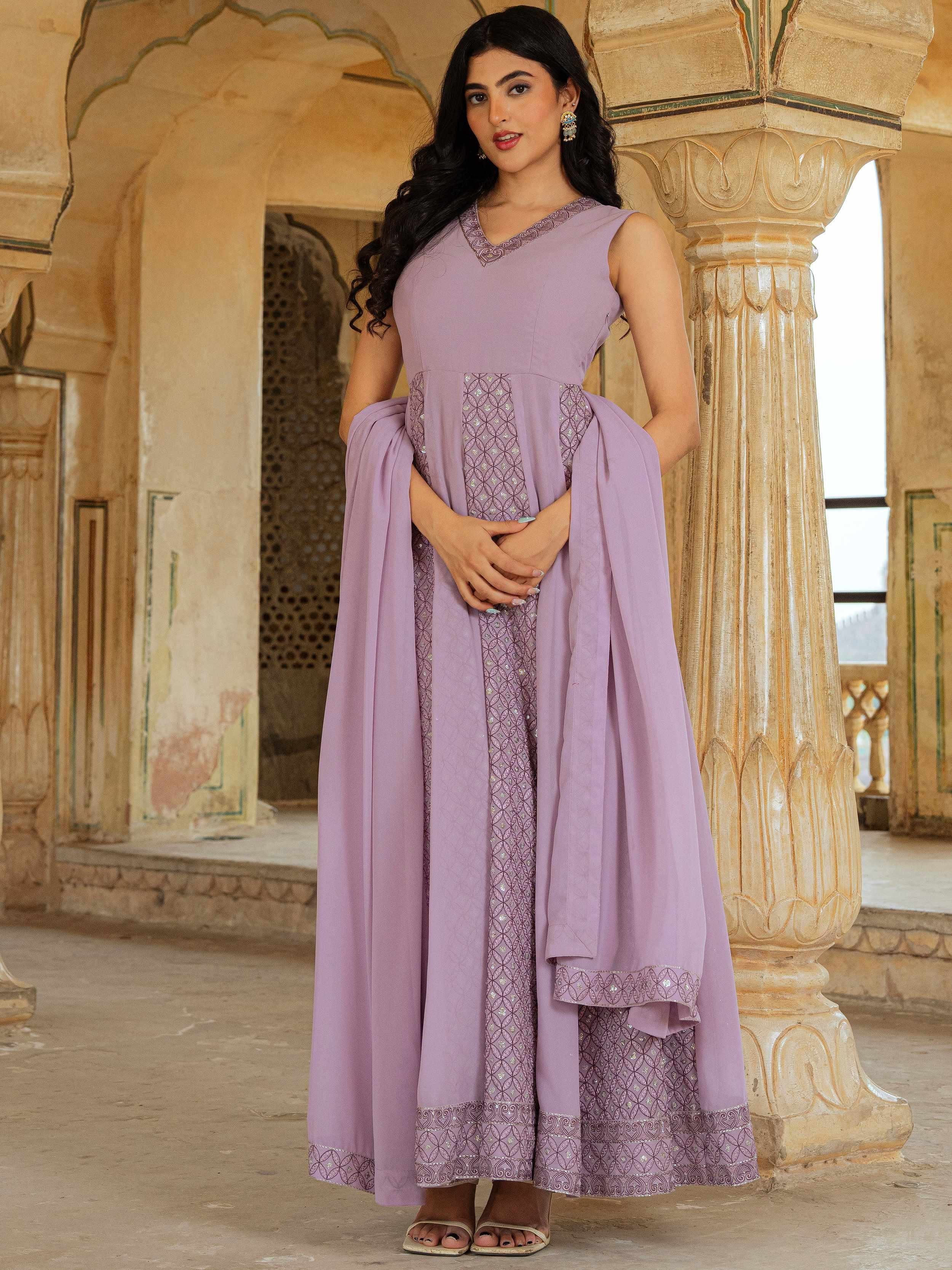 Lavender Embroidered Georgette Festive Wear Gown With Dupatta for Women