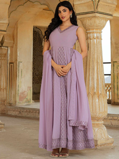 Lavender Embroidered Georgette Festive Wear Gown With Dupatta for Women