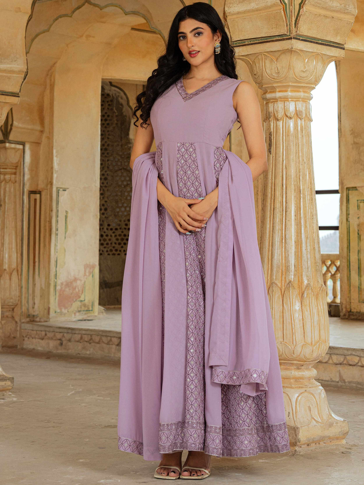 Lavender Embroidered Georgette Festive Wear Gown With Dupatta for Women