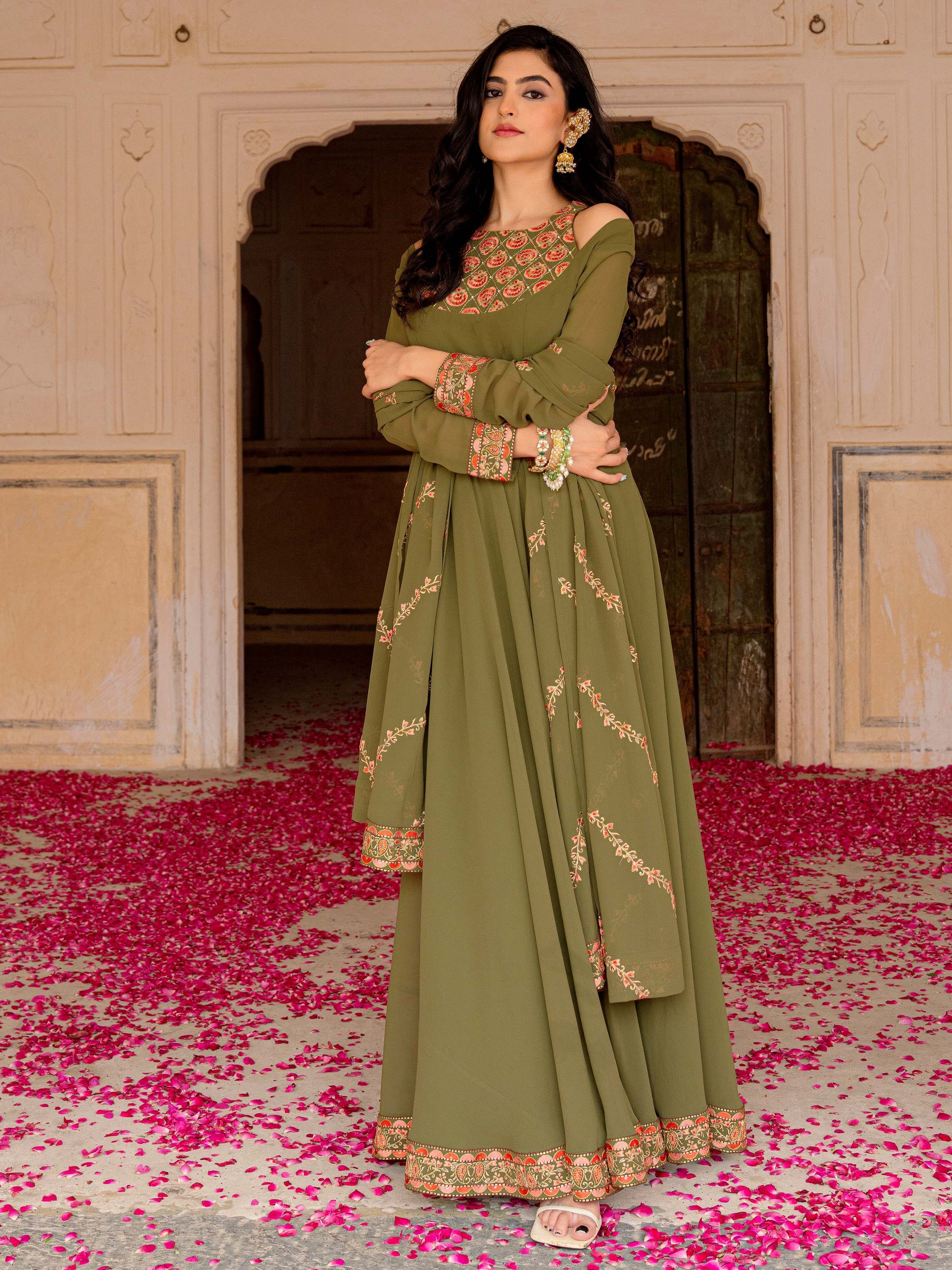 Green Embroidered Georgette Festival Wear Gown With Dupatta for Women