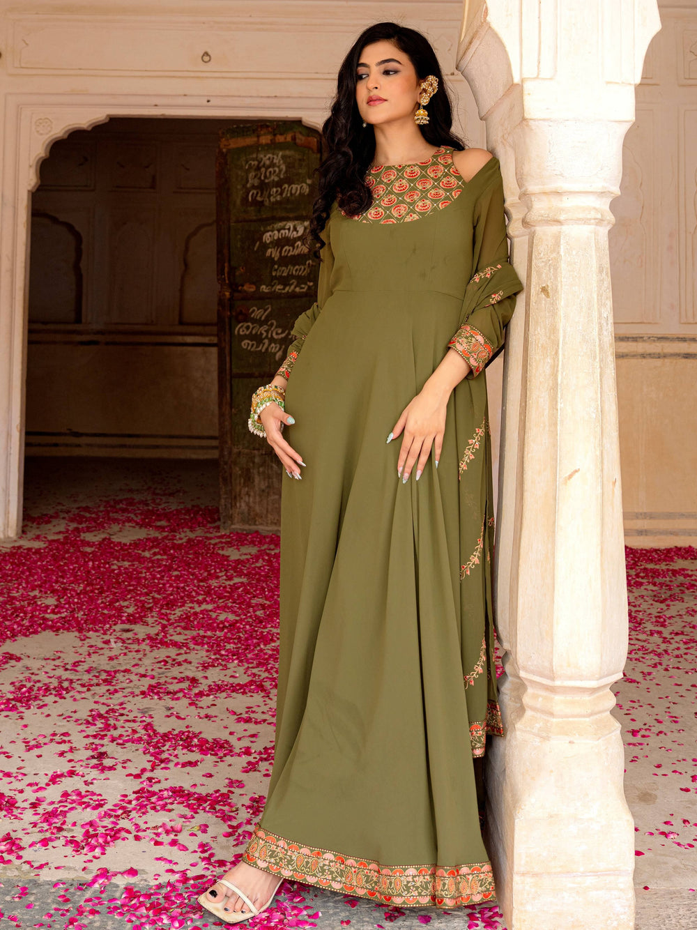 Green Embroidered Georgette Festival Wear Gown With Dupatta for Women