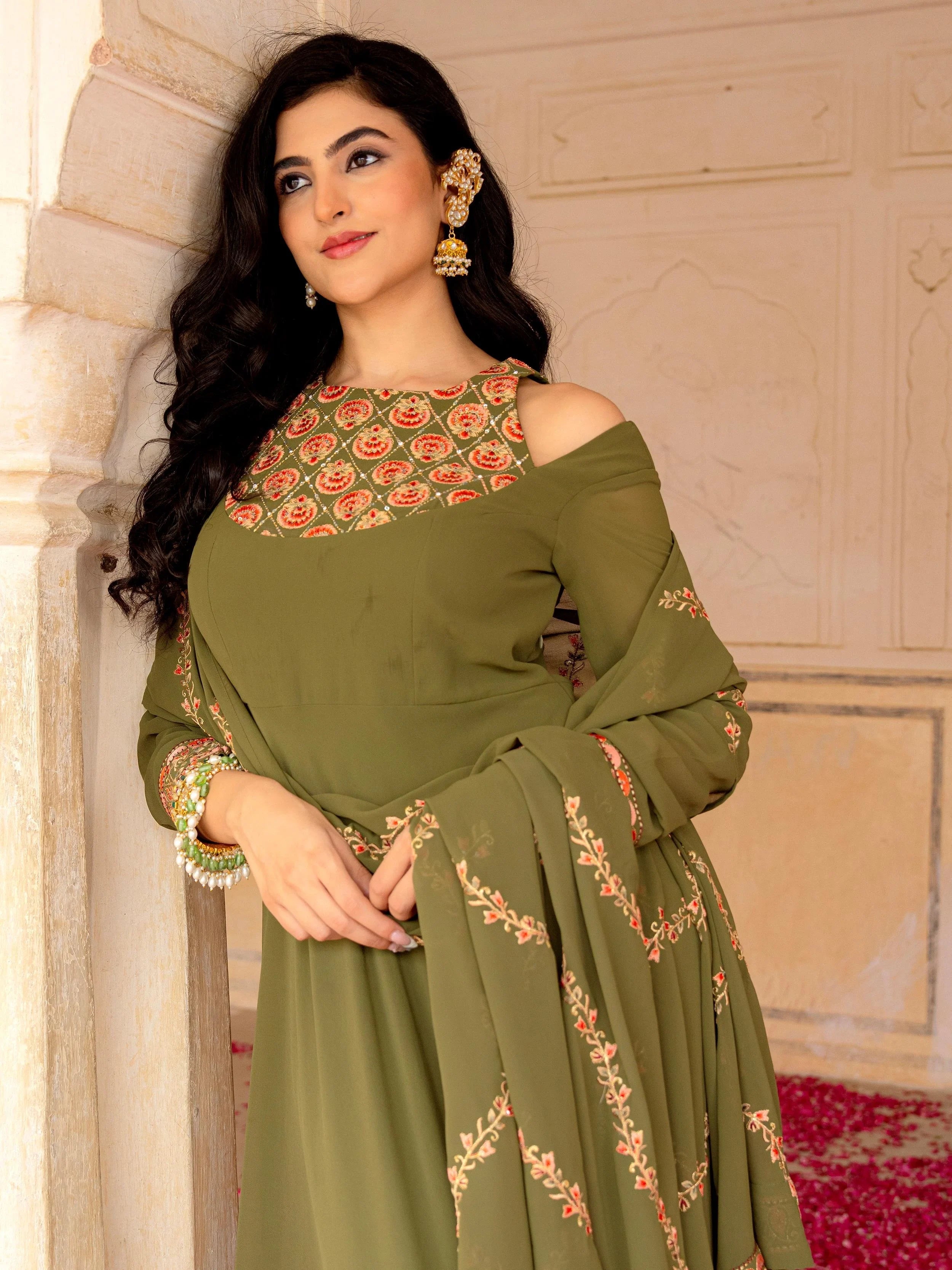 Green Embroidered Georgette Festival Wear Gown With Dupatta for Women
