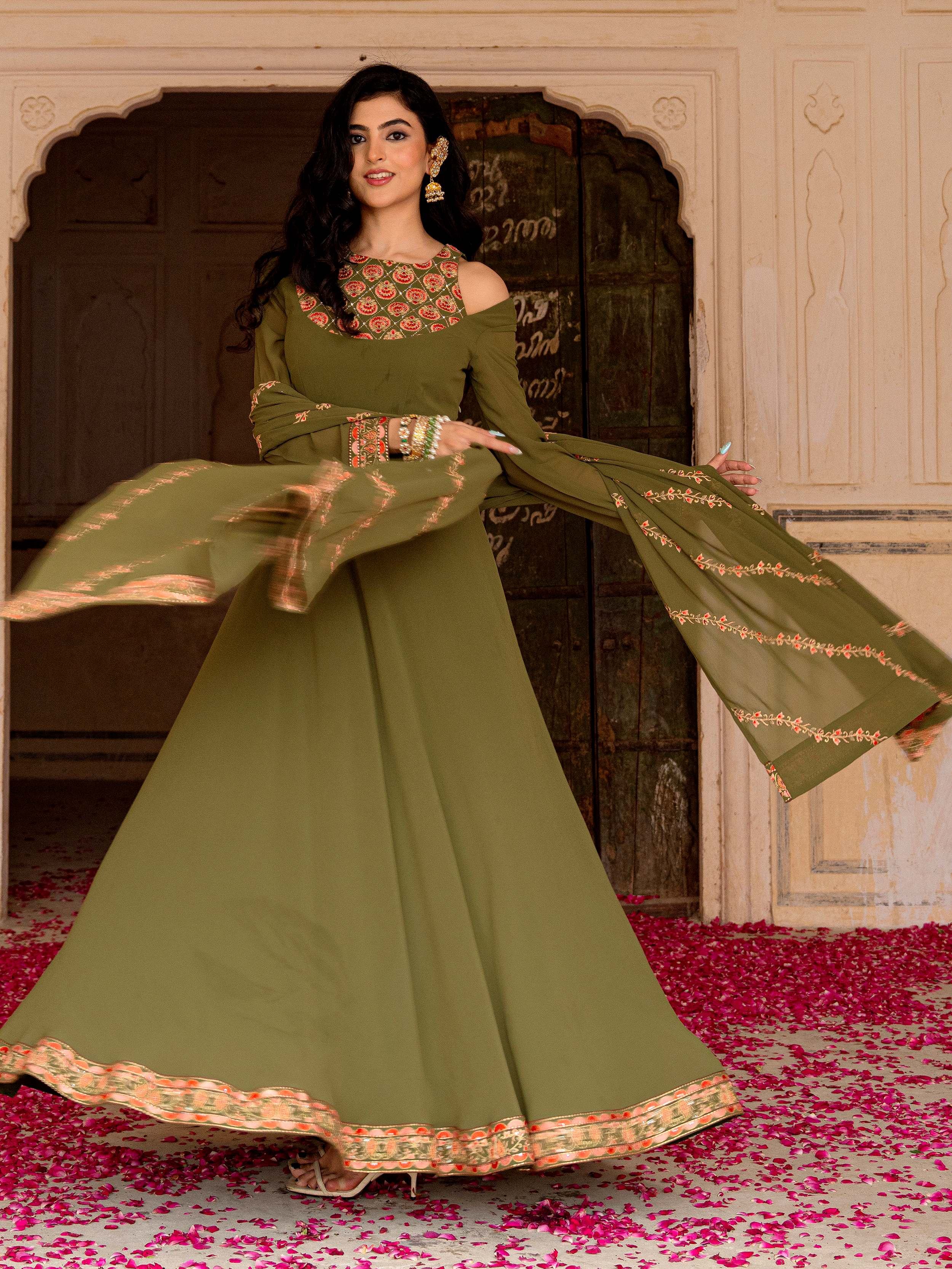 Green Embroidered Georgette Festival Wear Gown With Dupatta for Women