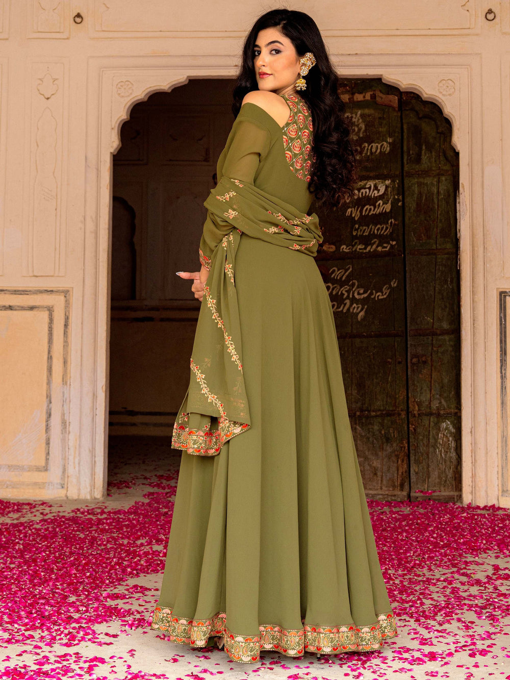 Green Embroidered Georgette Festival Wear Gown With Dupatta for Women