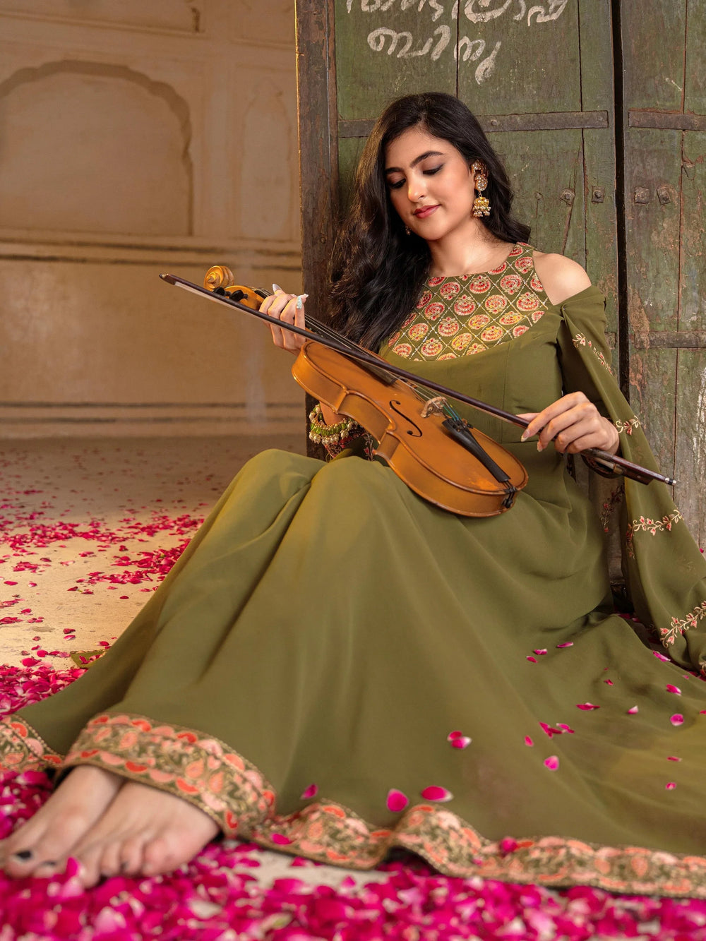 Green Embroidered Georgette Festival Wear Gown With Dupatta for Women
