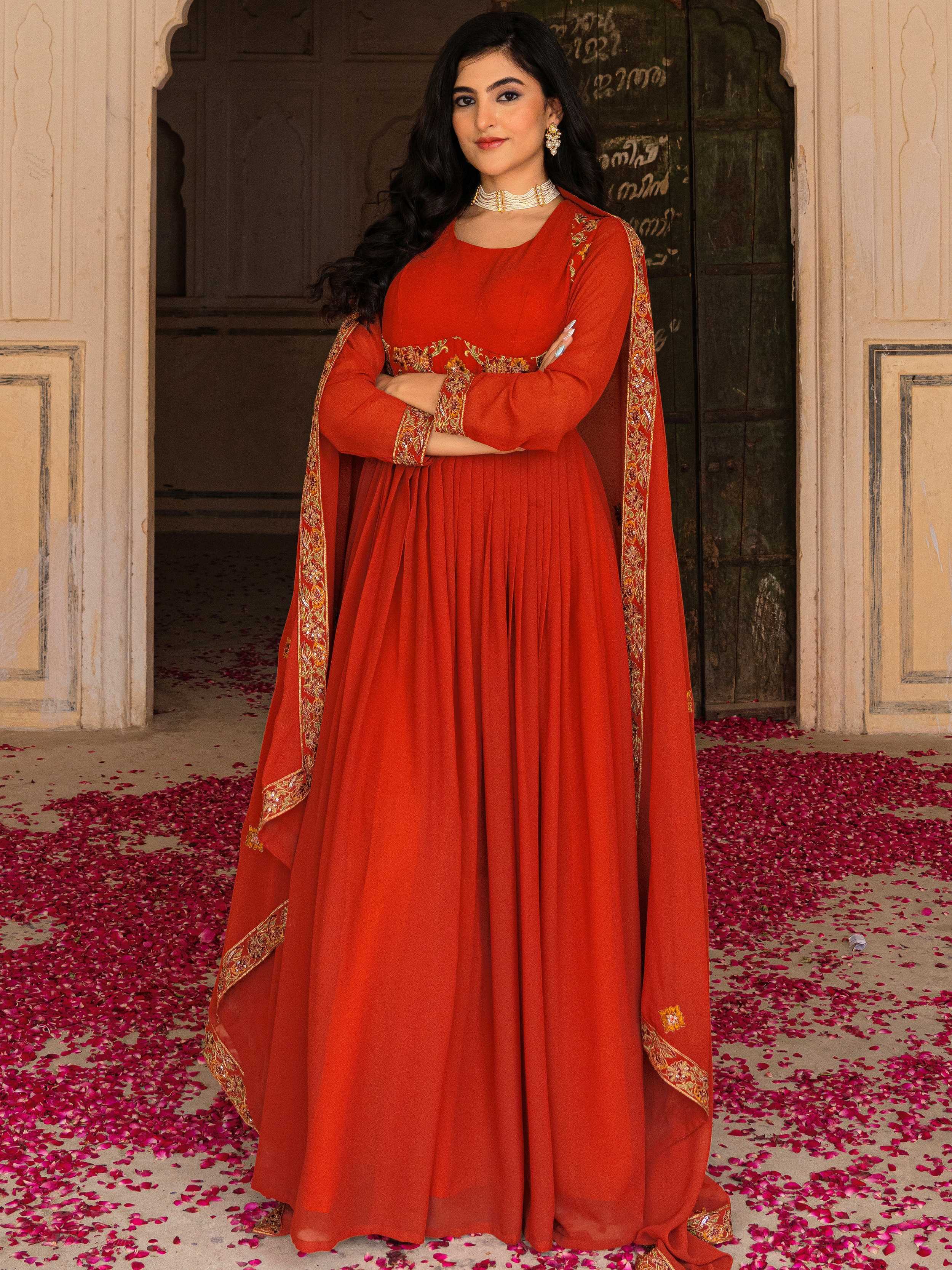 Orange Embroidered Georgette Festive Wear Gown With Dupatta for Women
