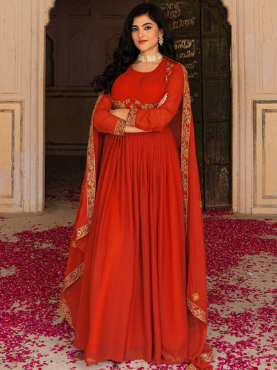 Orange Embroidered Georgette Festive Wear Gown With Dupatta for Women