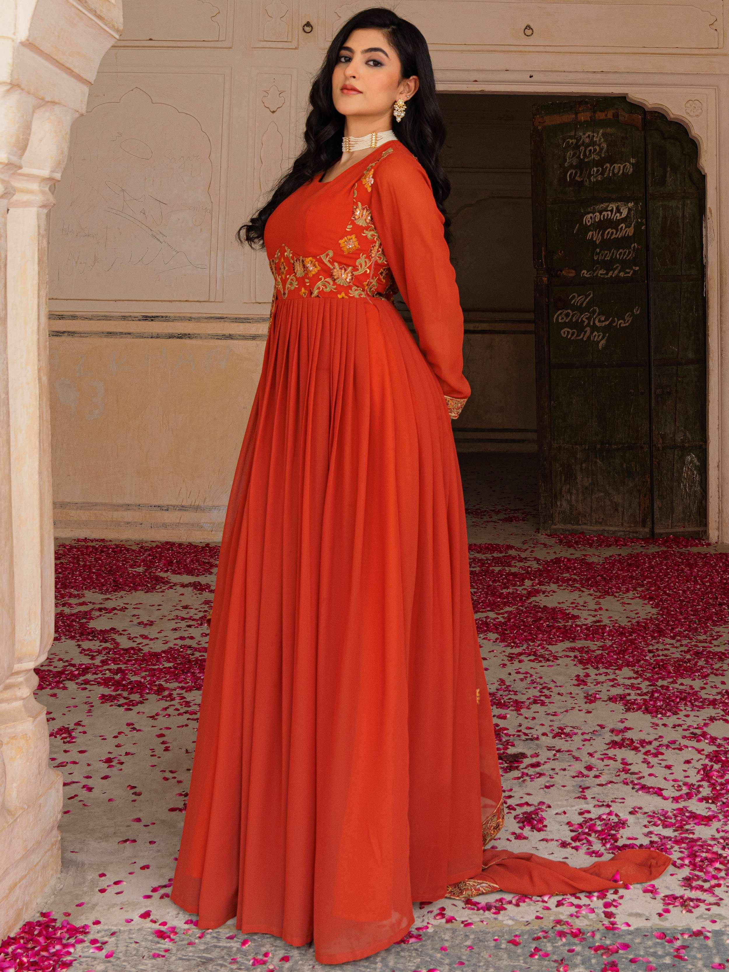 Orange Embroidered Georgette Festive Wear Gown With Dupatta for Women