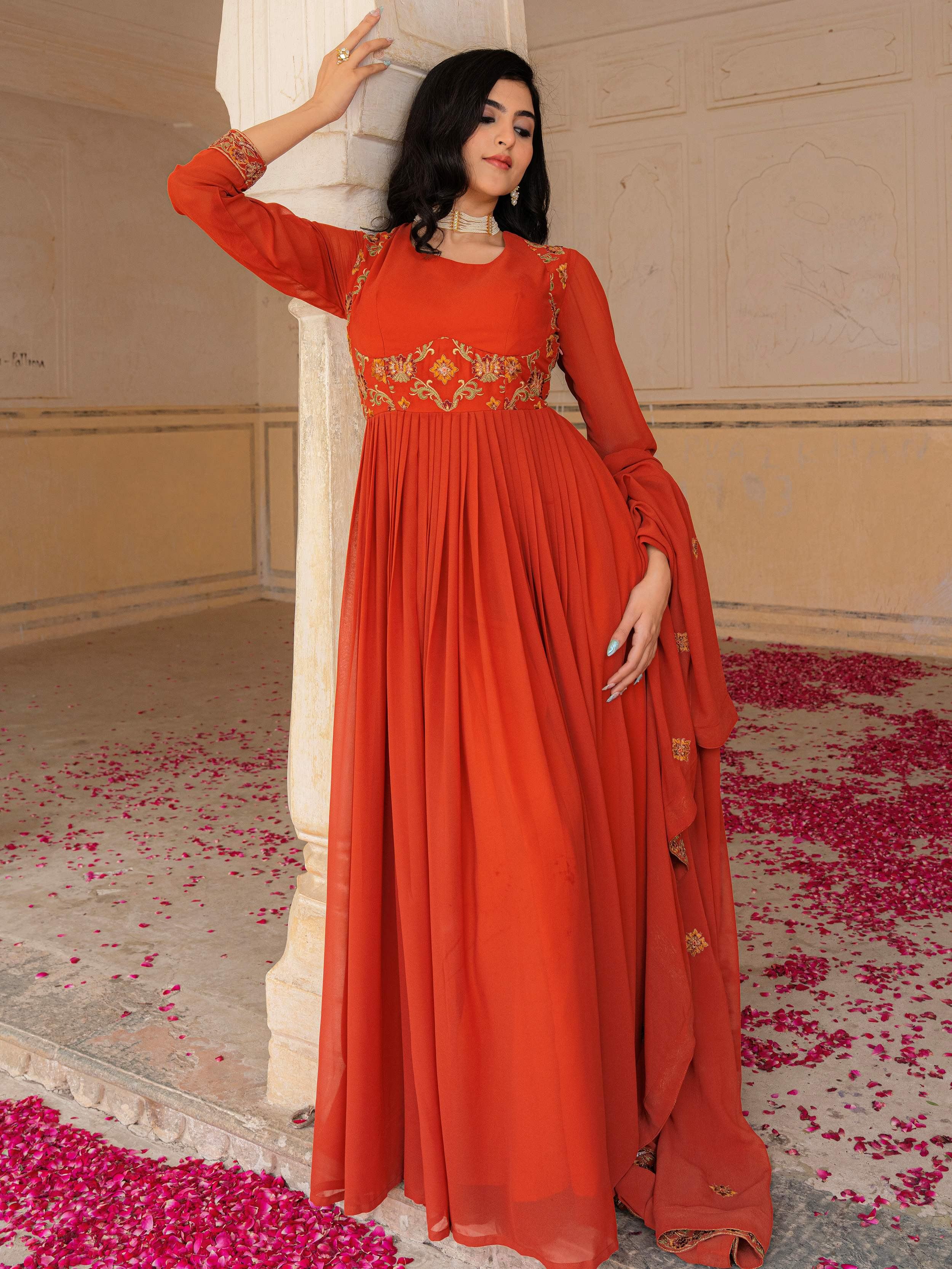 Orange Embroidered Georgette Festive Wear Gown With Dupatta for Women