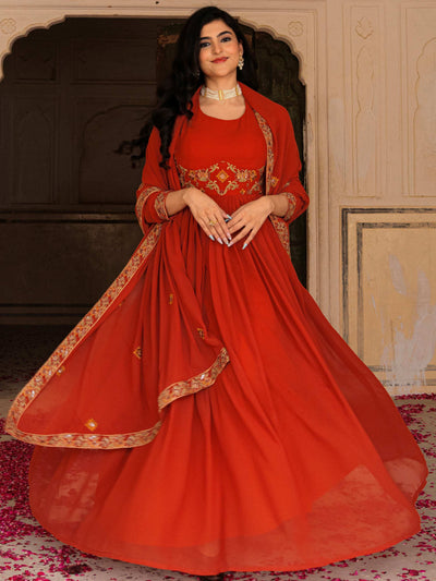 Orange Embroidered Georgette Festive Wear Gown With Dupatta for Women