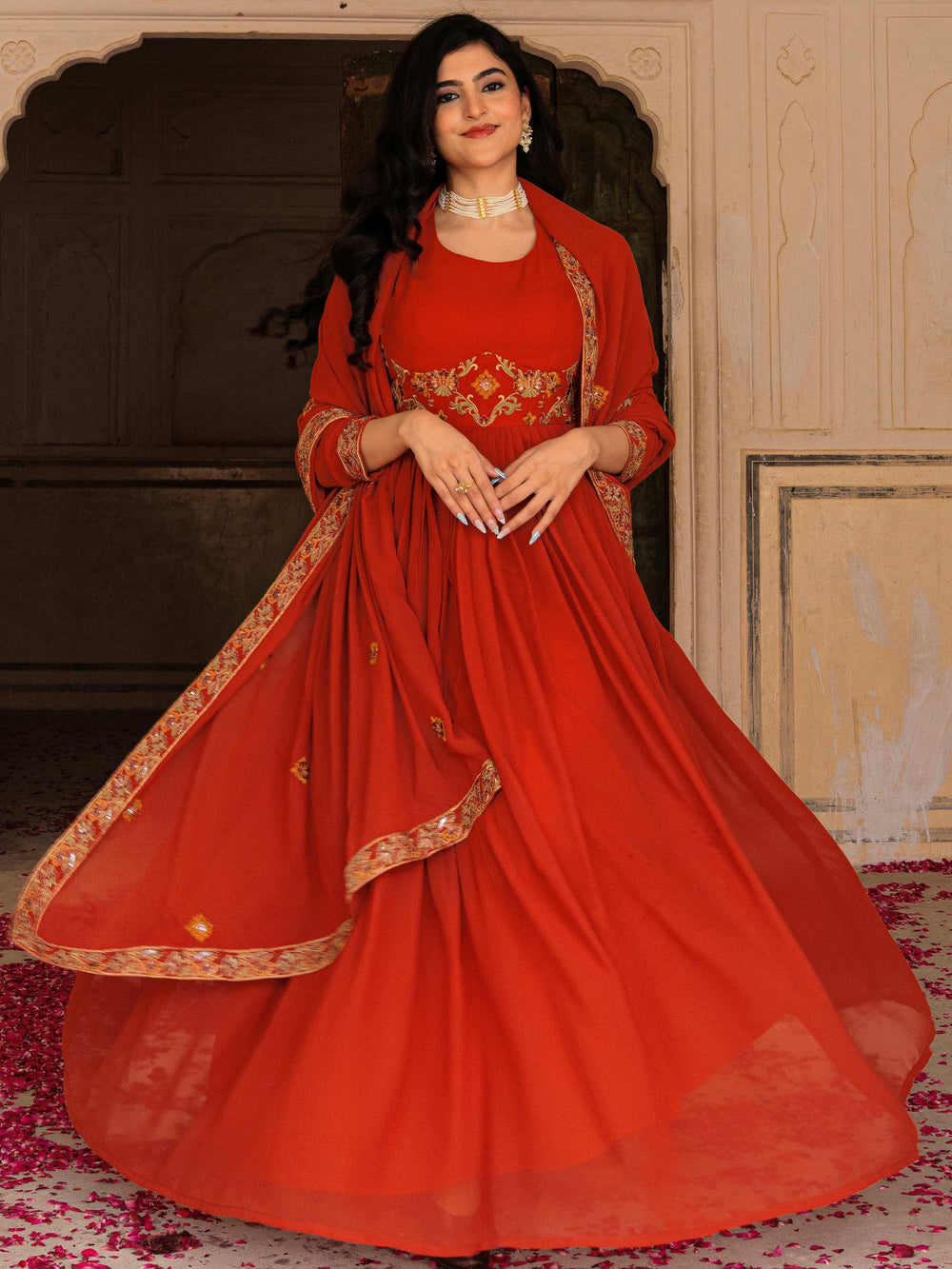 Orange Embroidered Georgette Festive Wear Gown With Dupatta for Women