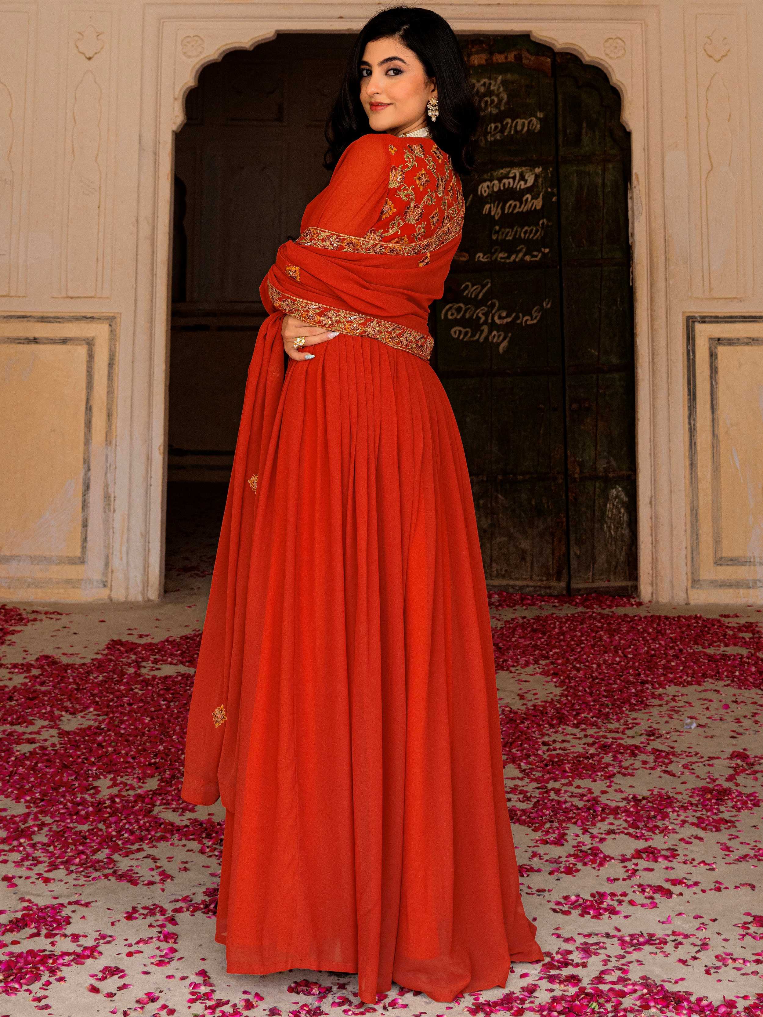 Orange Embroidered Georgette Festive Wear Gown With Dupatta for Women