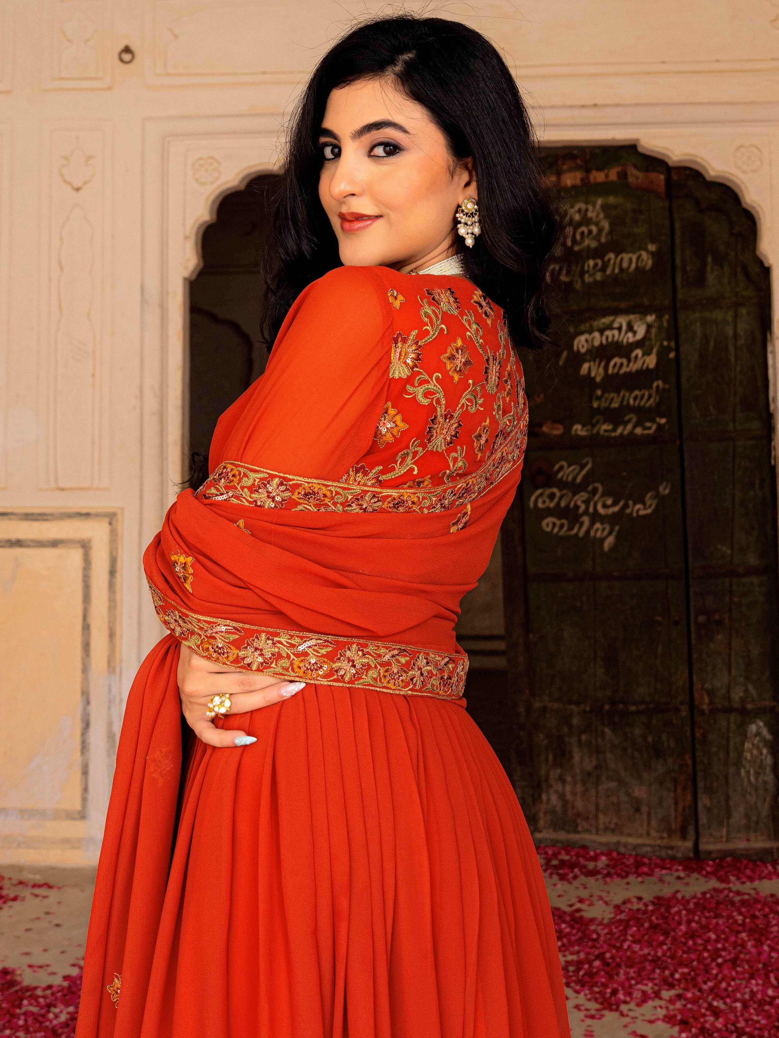 Orange Embroidered Georgette Festive Wear Gown With Dupatta for Women