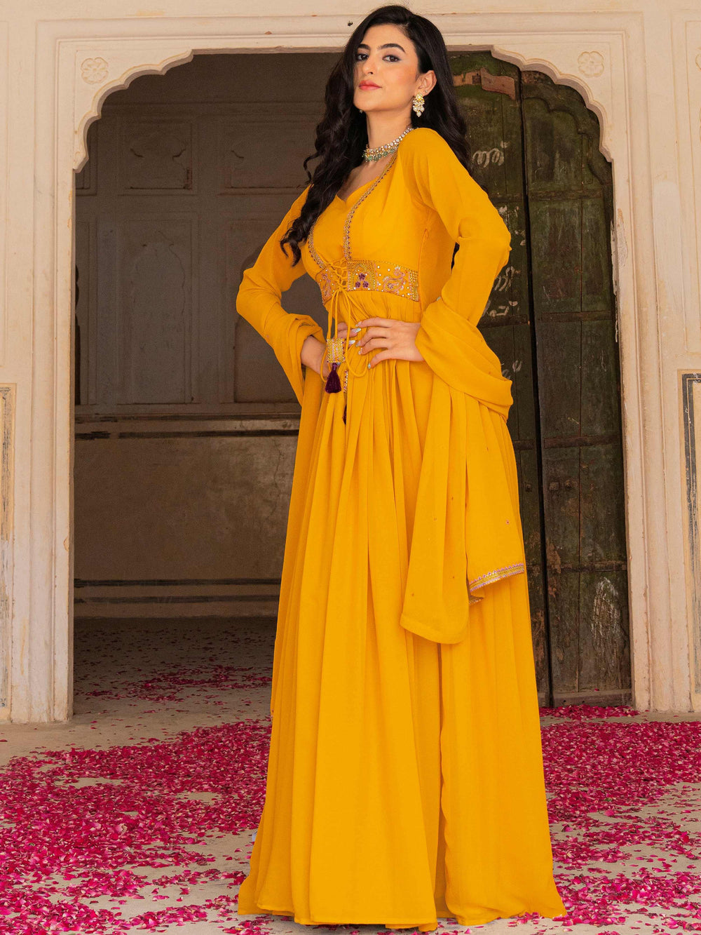 Yellow Embroidered Georgette Haldi Wear Gown With Dupatta for Women