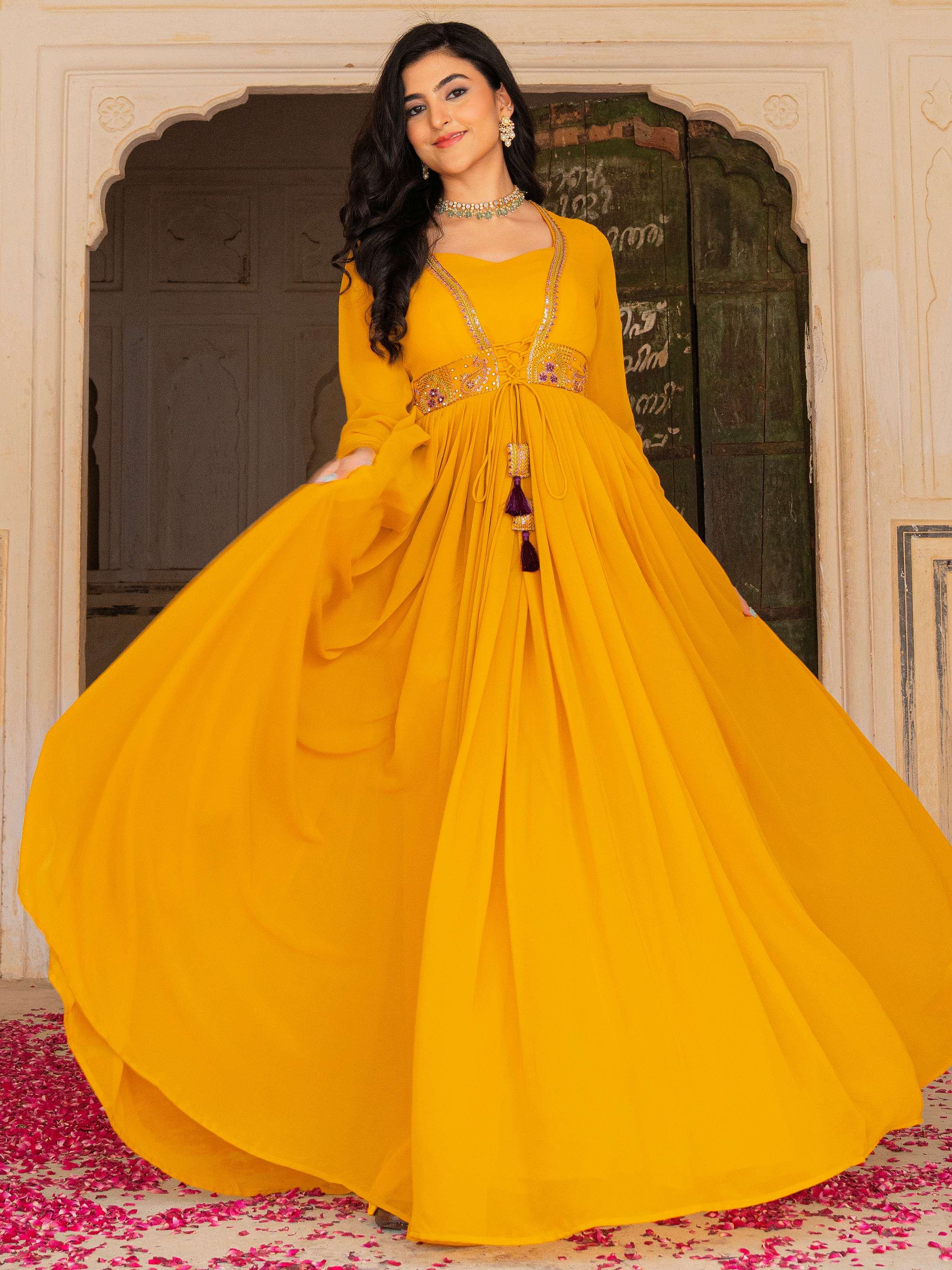 Yellow Embroidered Georgette Haldi Wear Gown With Dupatta for Women