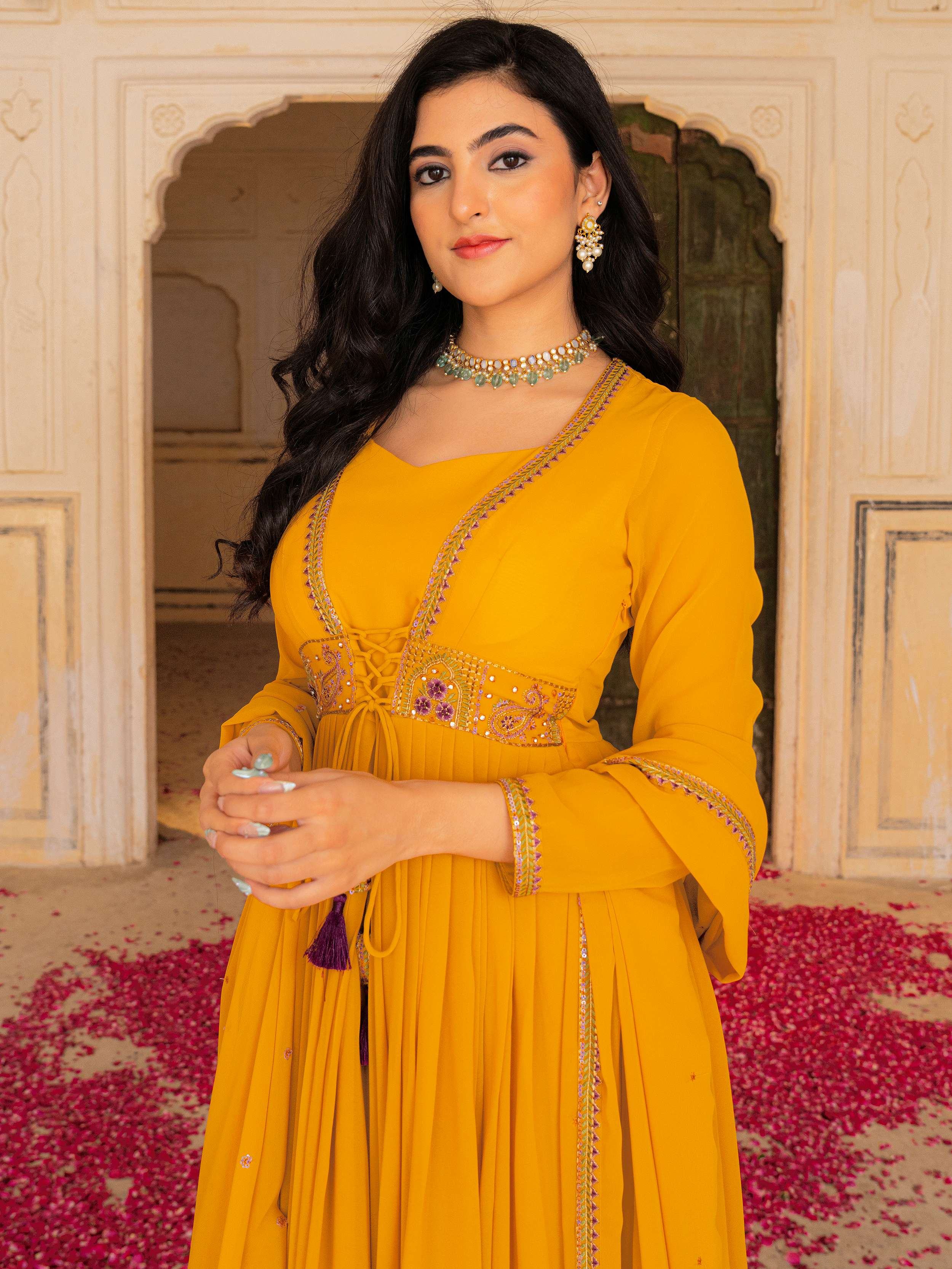 Yellow Embroidered Georgette Haldi Wear Gown With Dupatta for Women