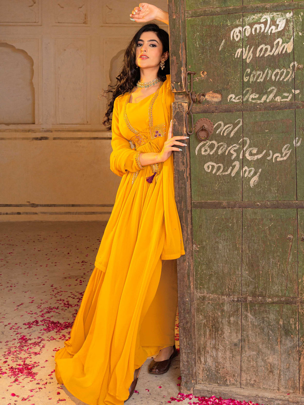 Yellow Embroidered Georgette Haldi Wear Gown With Dupatta for Women