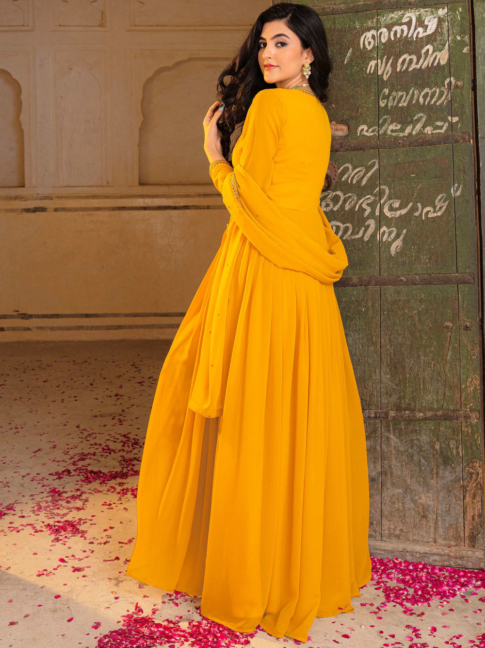 Yellow Embroidered Georgette Haldi Wear Gown With Dupatta for Women