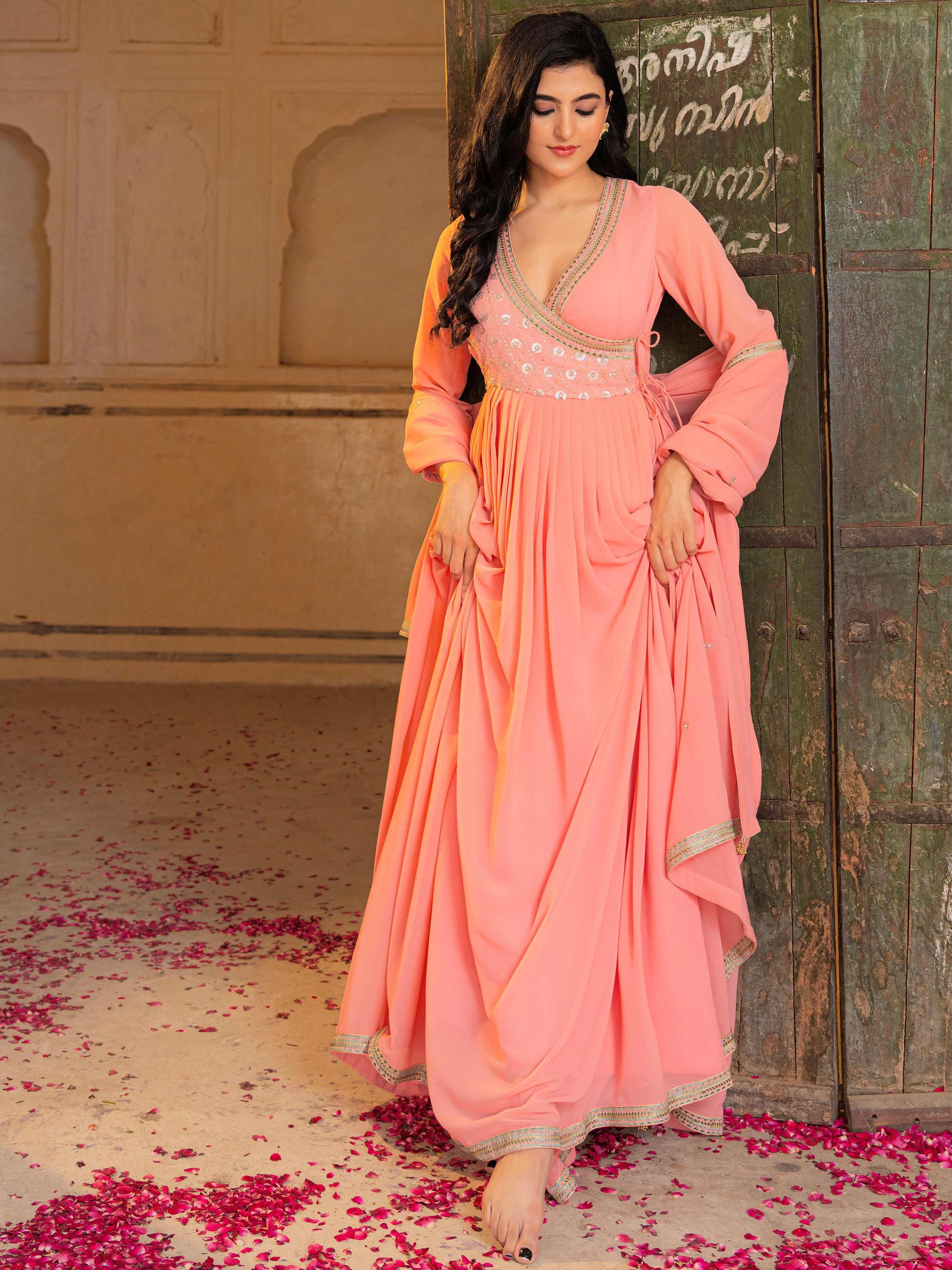Peach Sequins Georgette Function Wear Gown With Dupatta for Women