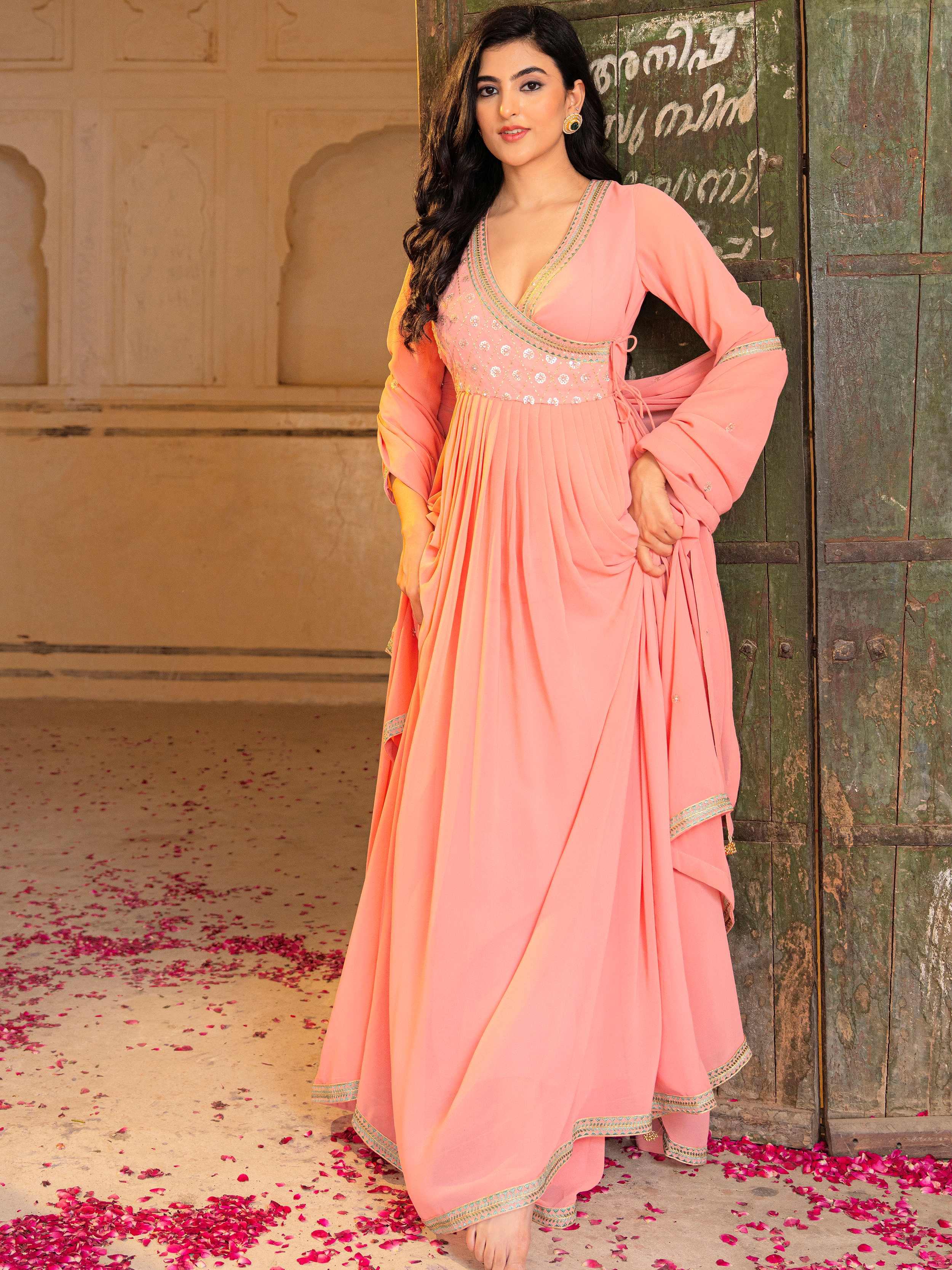 Peach Sequins Georgette Function Wear Gown With Dupatta for Women