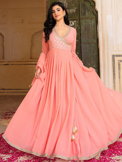 Peach Sequins Georgette Function Wear Gown With Dupatta for Women