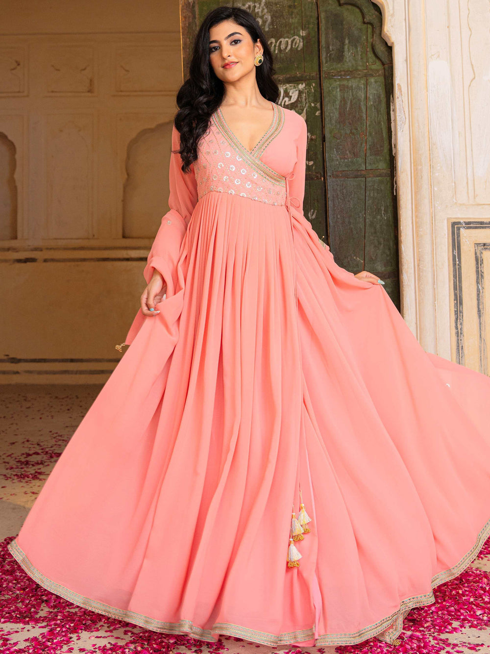 Peach Sequins Georgette Function Wear Gown With Dupatta for Women