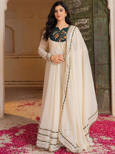 Off-White Gota Work Georgette Festival Wear Gown With Dupatta for Women