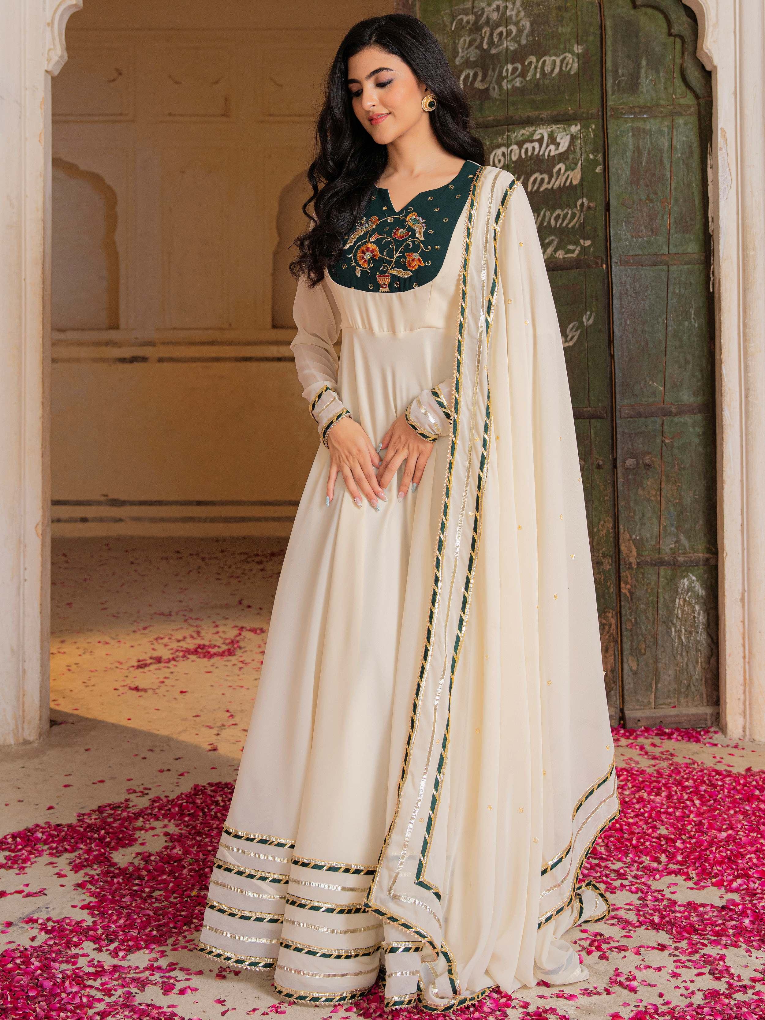 Off-White Gota Work Georgette Festival Wear Gown With Dupatta for Women