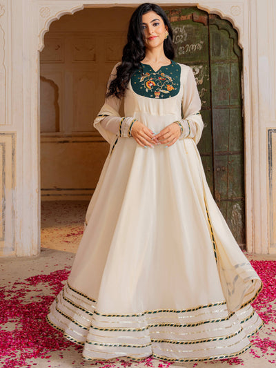 Off-White Gota Work Georgette Festival Wear Gown With Dupatta for Women