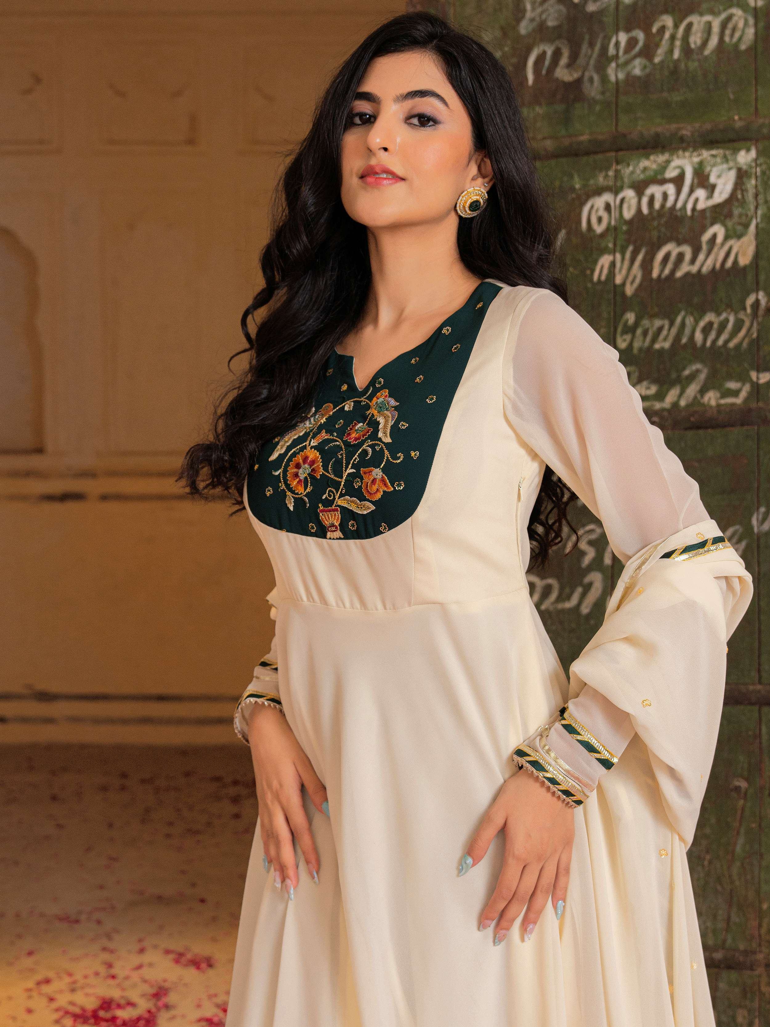 Off-White Gota Work Georgette Festival Wear Gown With Dupatta for Women