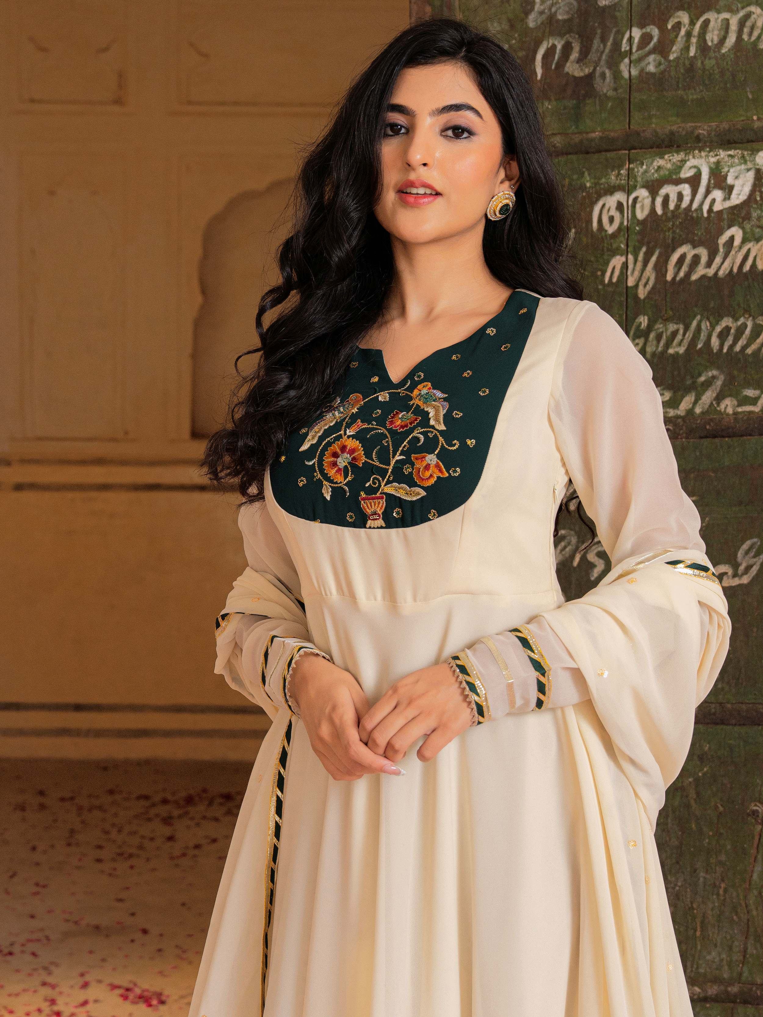 Off-White Gota Work Georgette Festival Wear Gown With Dupatta for Women