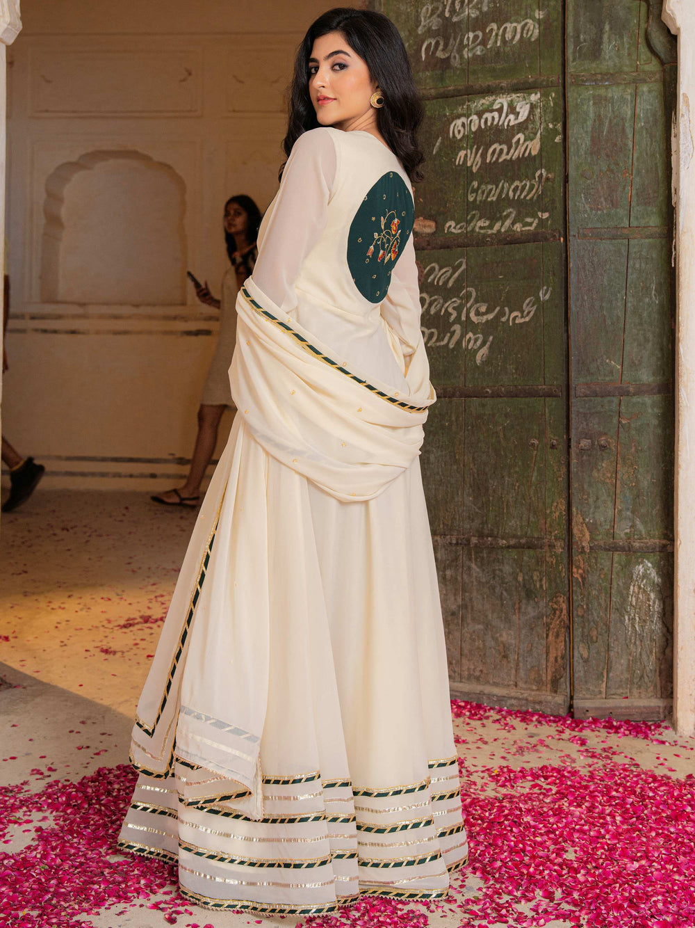 Off-White Gota Work Georgette Festival Wear Gown With Dupatta for Women