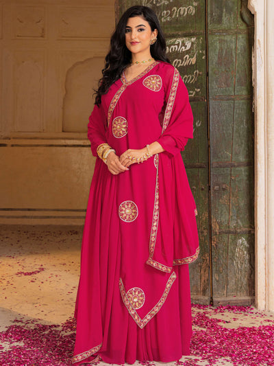 Pink Embroidered Georgette Function Wear Gown With Dupatta for Women