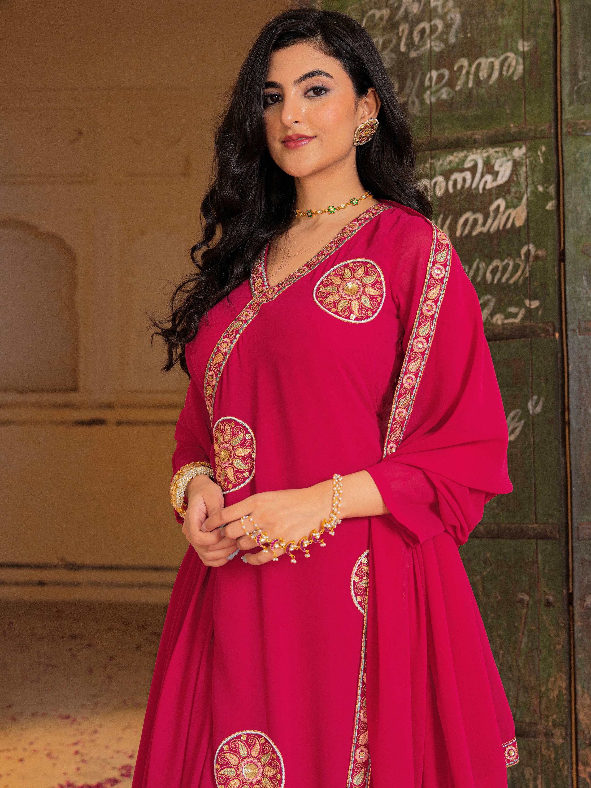 Pink Embroidered Georgette Function Wear Gown With Dupatta for Women