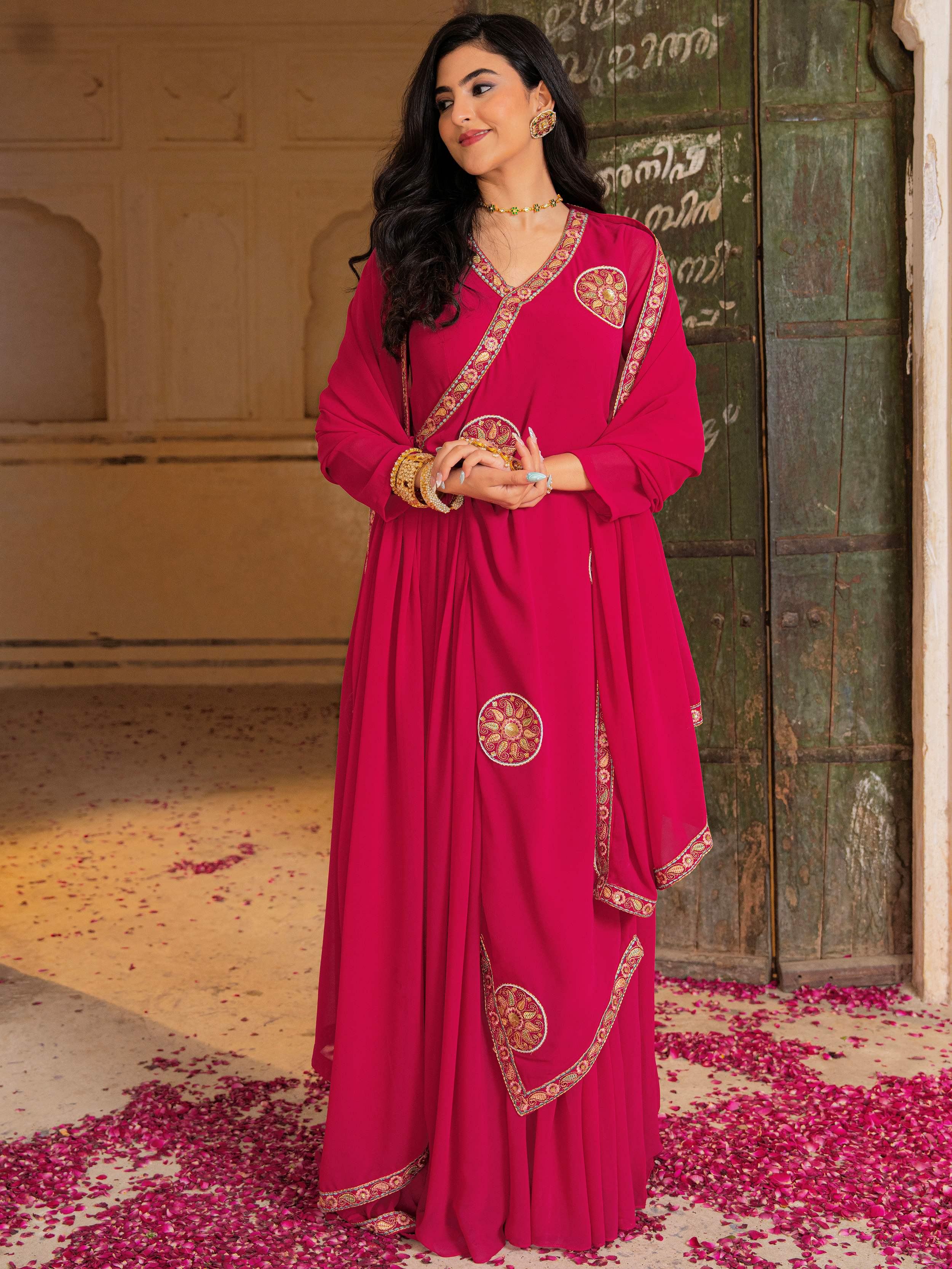 Pink Embroidered Georgette Function Wear Gown With Dupatta for Women