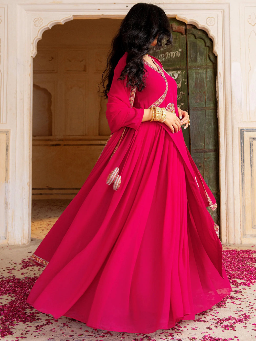 Pink Embroidered Georgette Function Wear Gown With Dupatta for Women