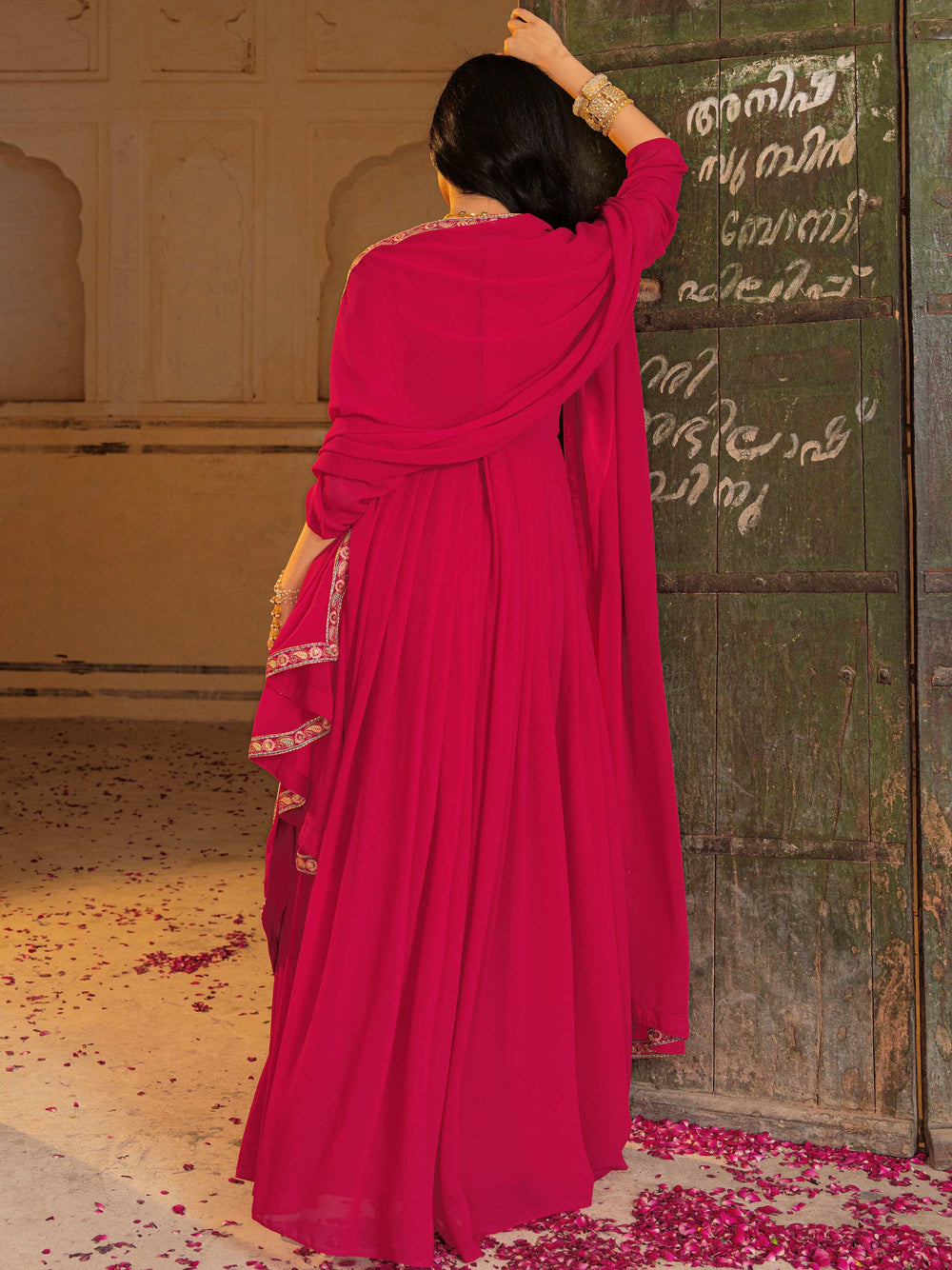 Pink Embroidered Georgette Function Wear Gown With Dupatta for Women