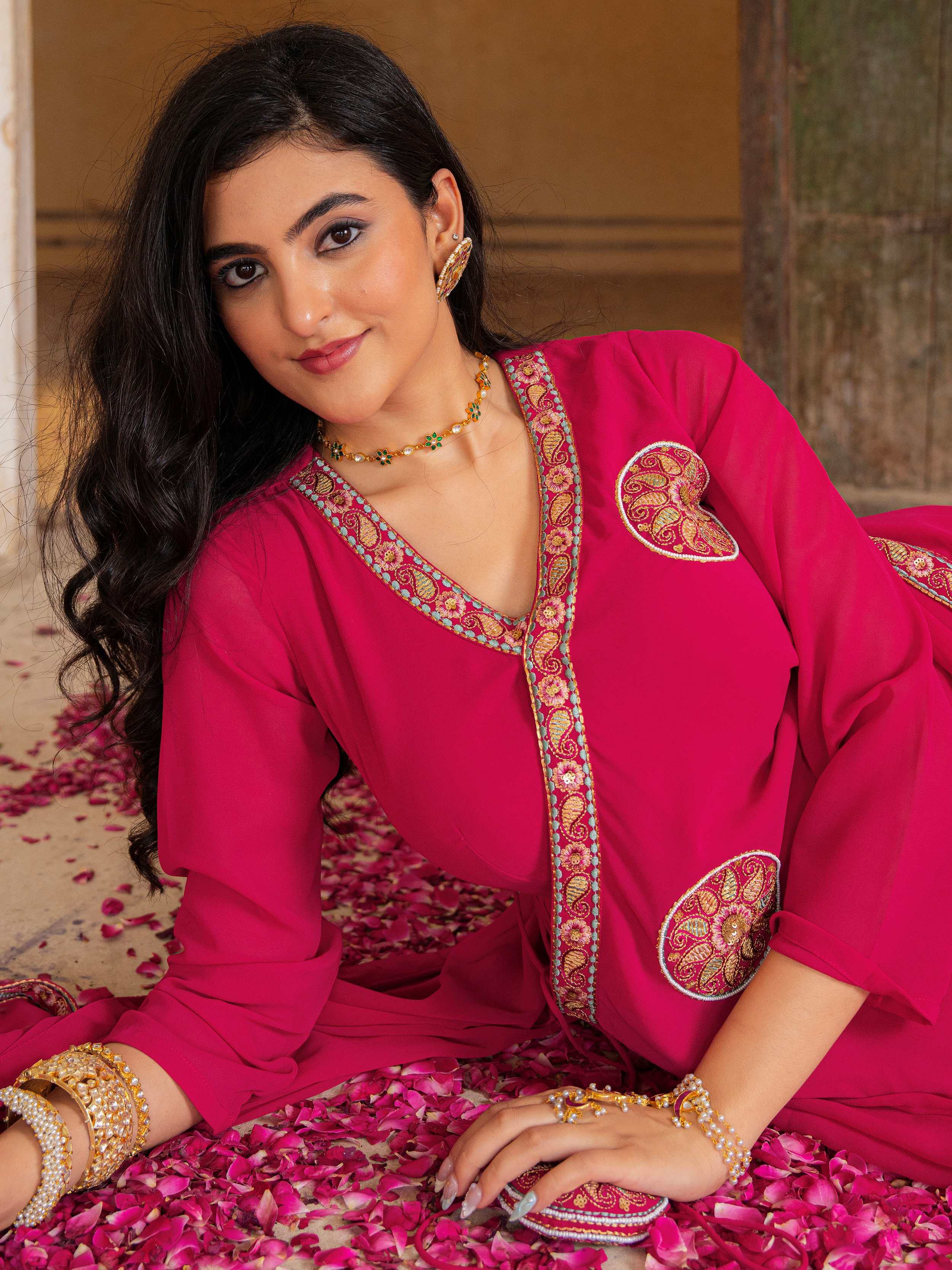 Pink Embroidered Georgette Function Wear Gown With Dupatta for Women