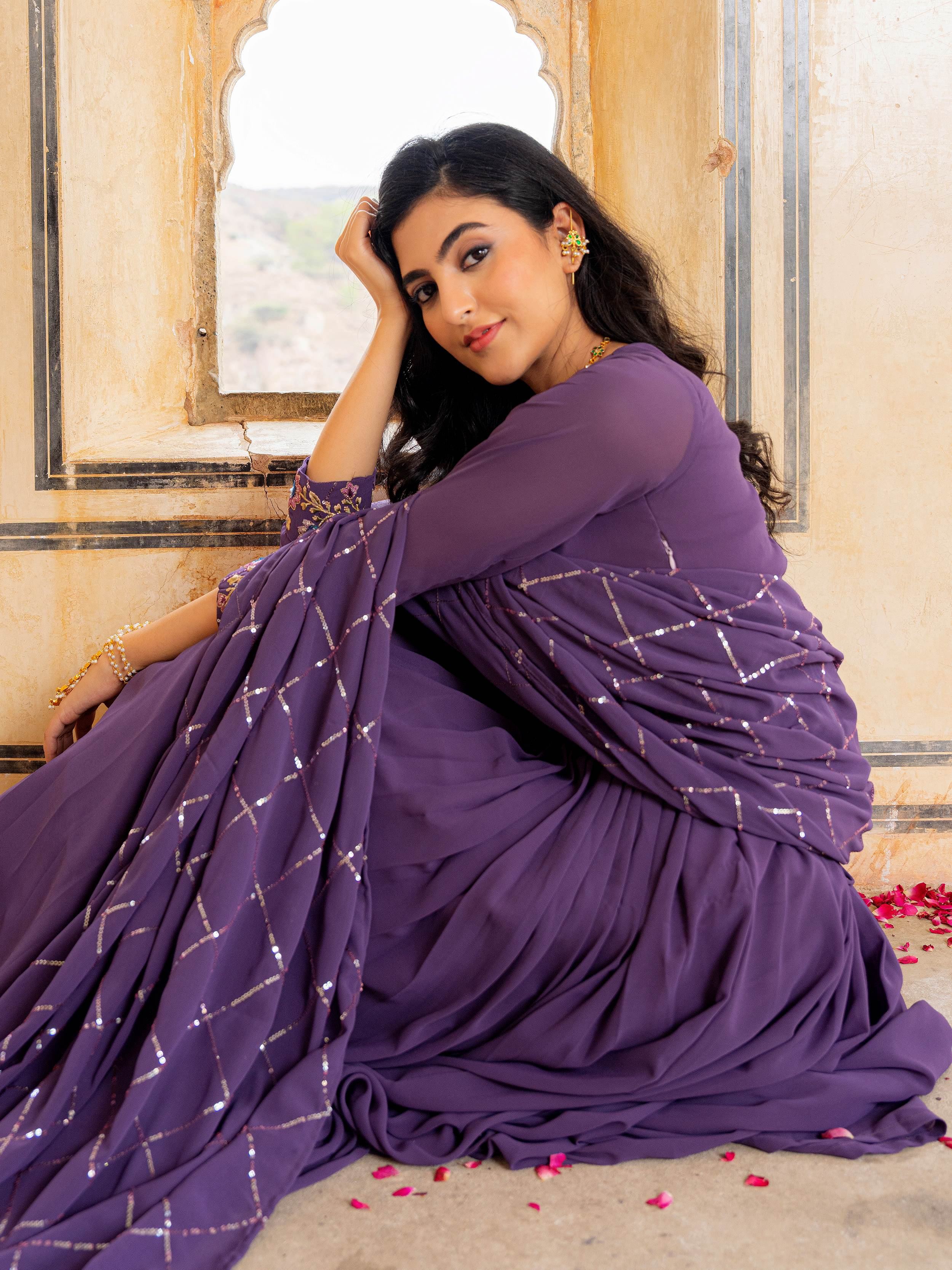 Purple Dazzling Embroidered Georgette Festival Wear Gown With Dupatta for Women