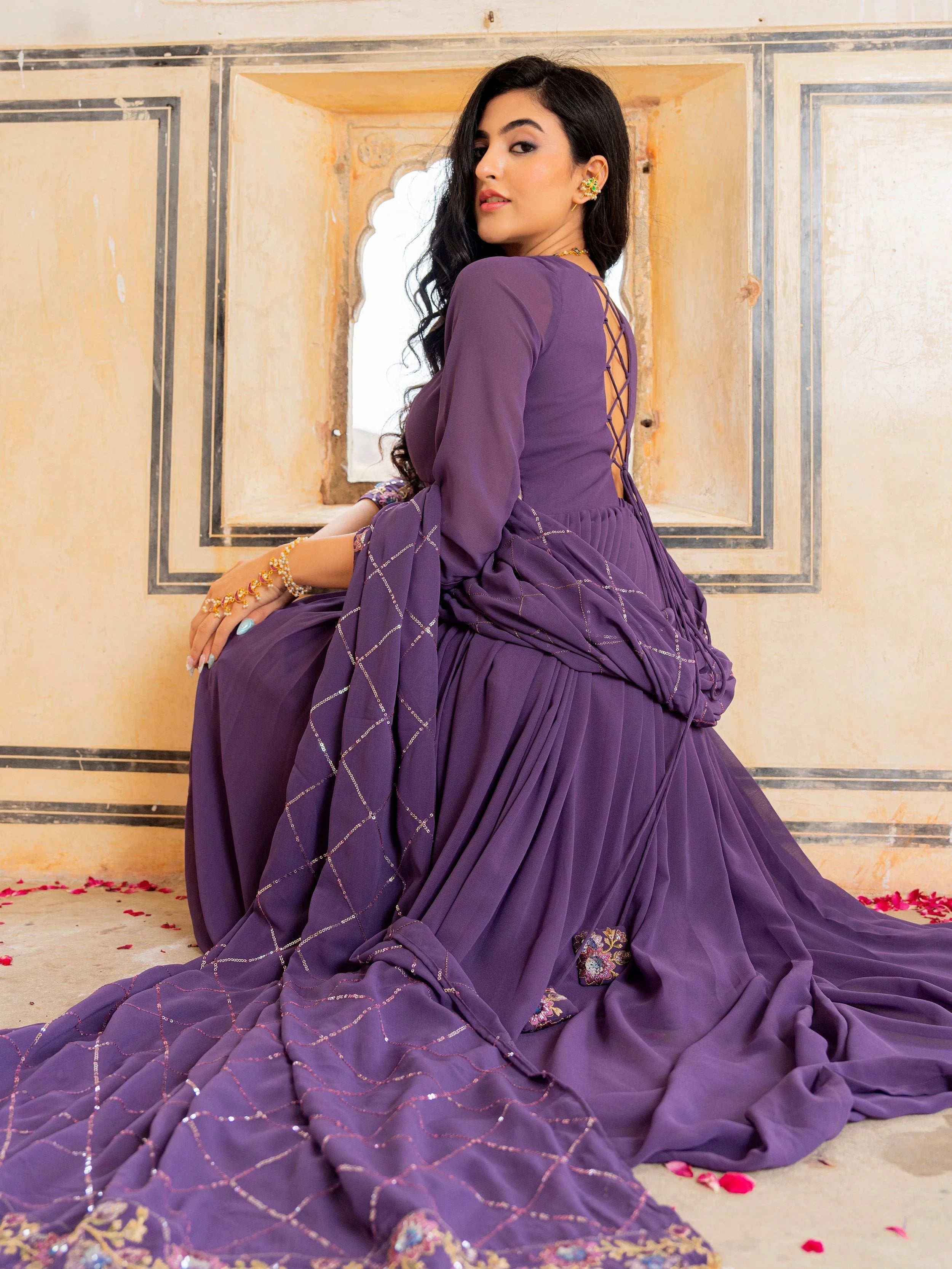 Purple Dazzling Embroidered Georgette Festival Wear Gown With Dupatta for Women