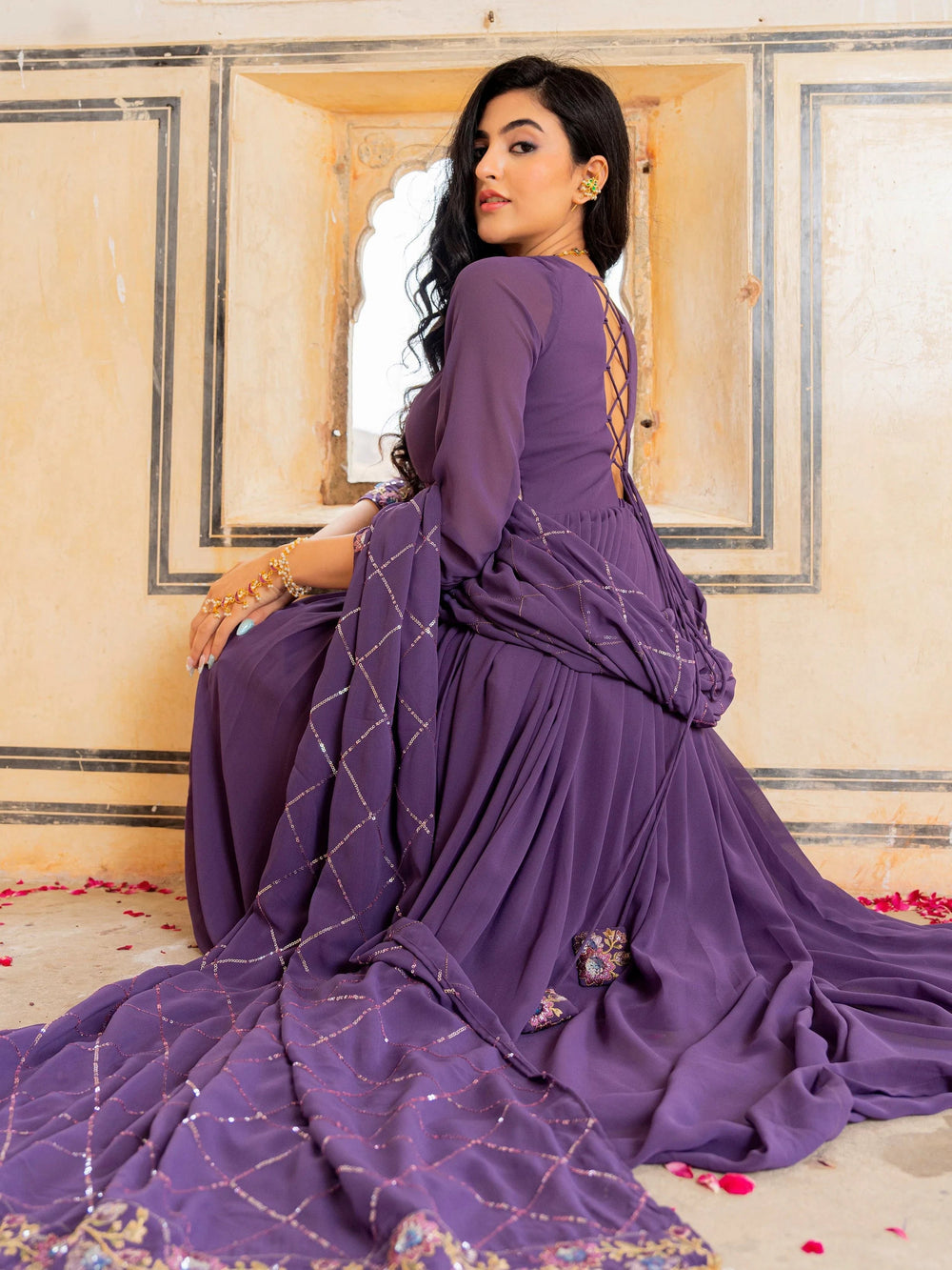 Purple Dazzling Embroidered Georgette Festival Wear Gown With Dupatta for Women