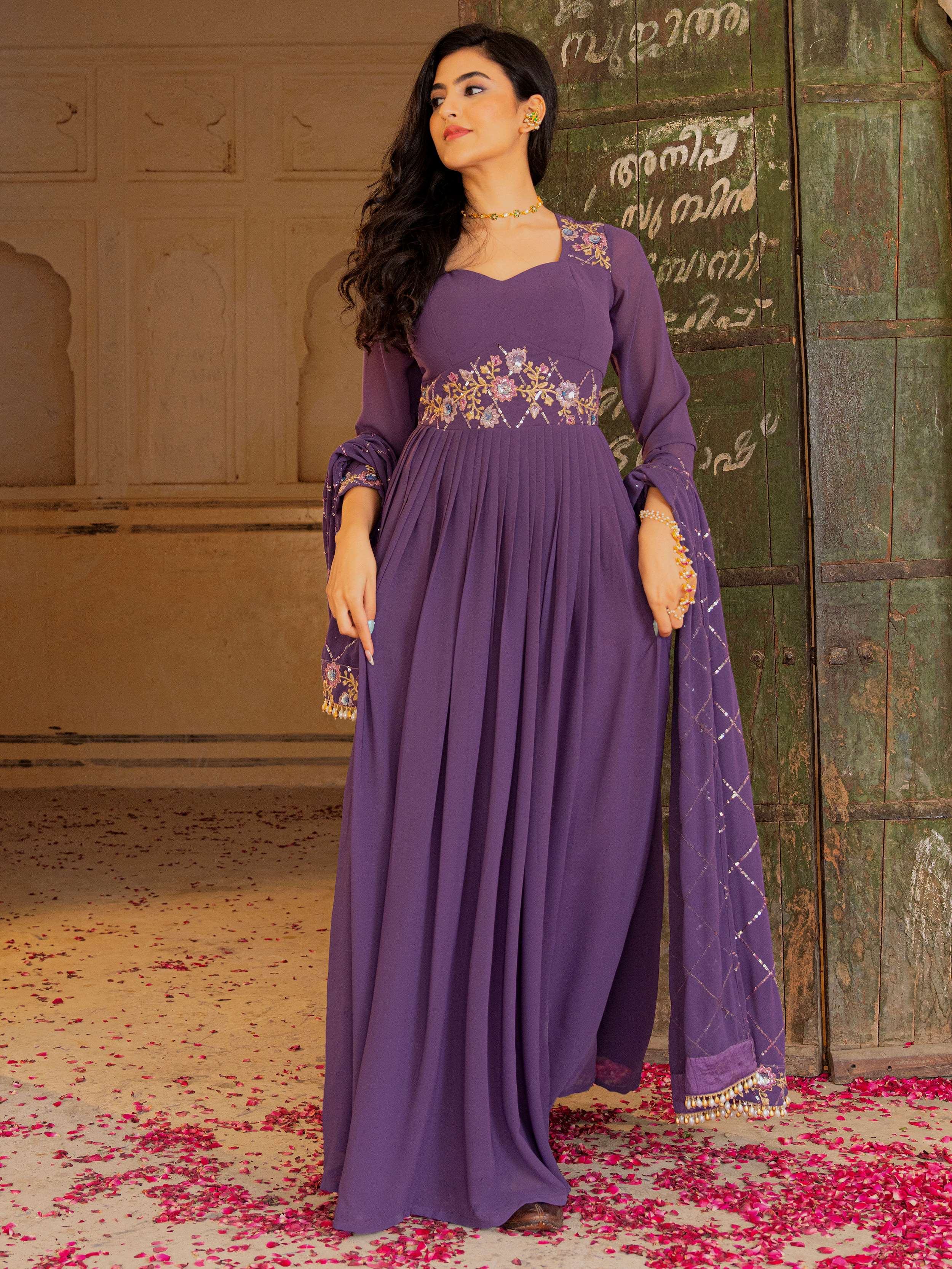 Purple Dazzling Embroidered Georgette Festival Wear Gown With Dupatta for Women