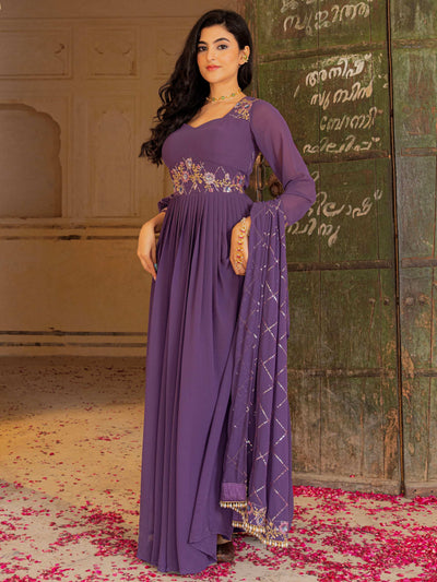 Purple Dazzling Embroidered Georgette Festival Wear Gown With Dupatta for Women