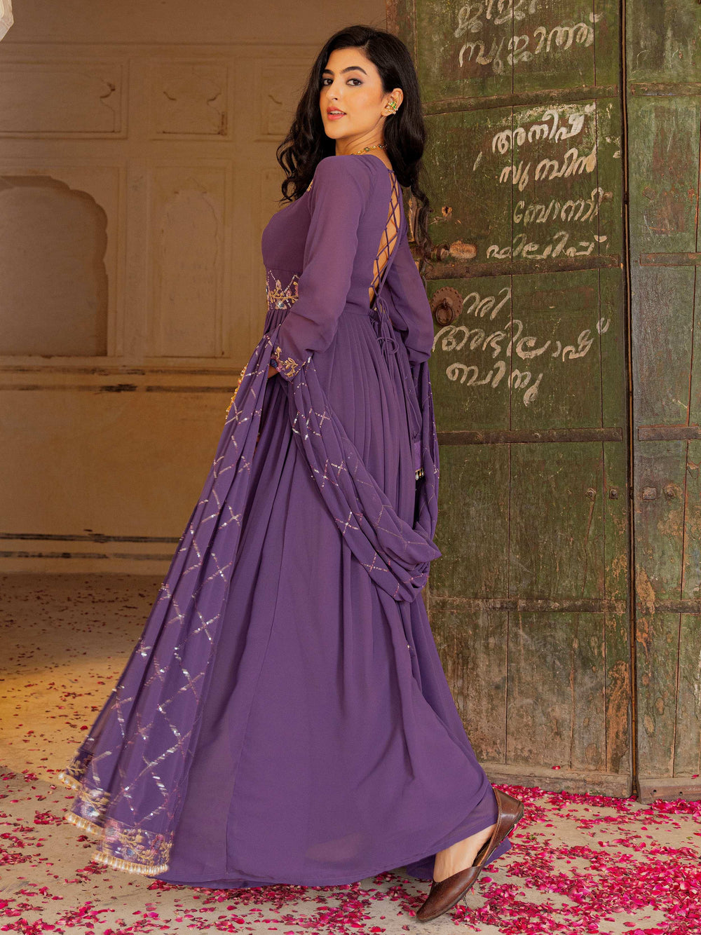 Purple Dazzling Embroidered Georgette Festival Wear Gown With Dupatta for Women
