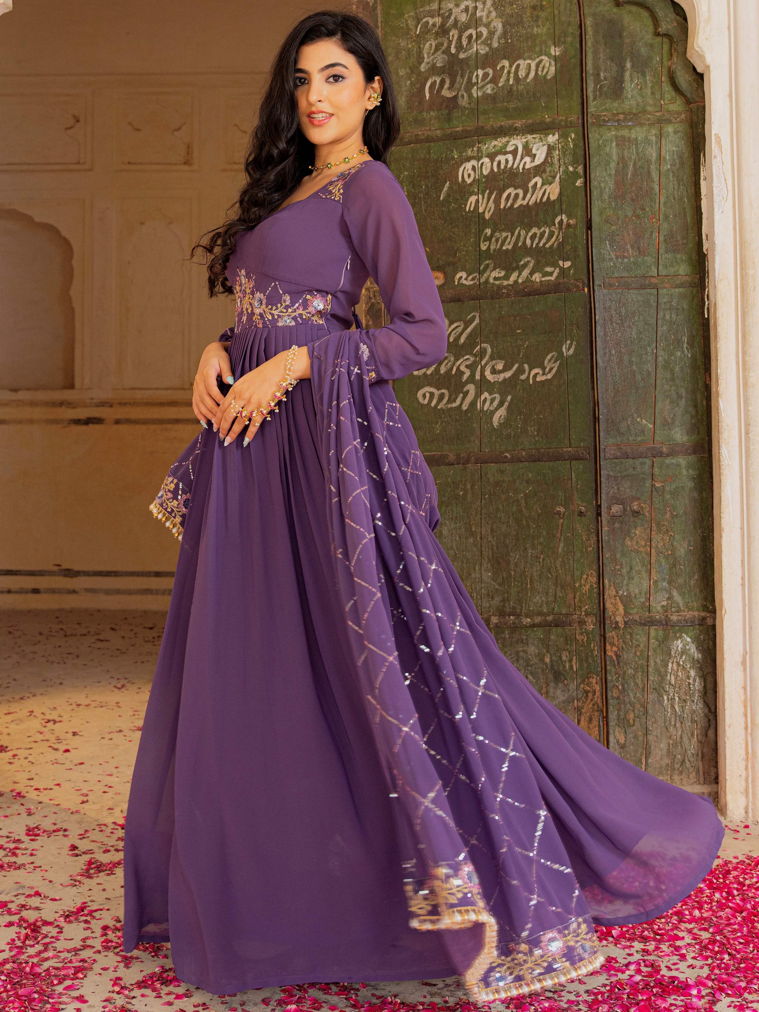 Purple Dazzling Embroidered Georgette Festival Wear Gown With Dupatta for Women