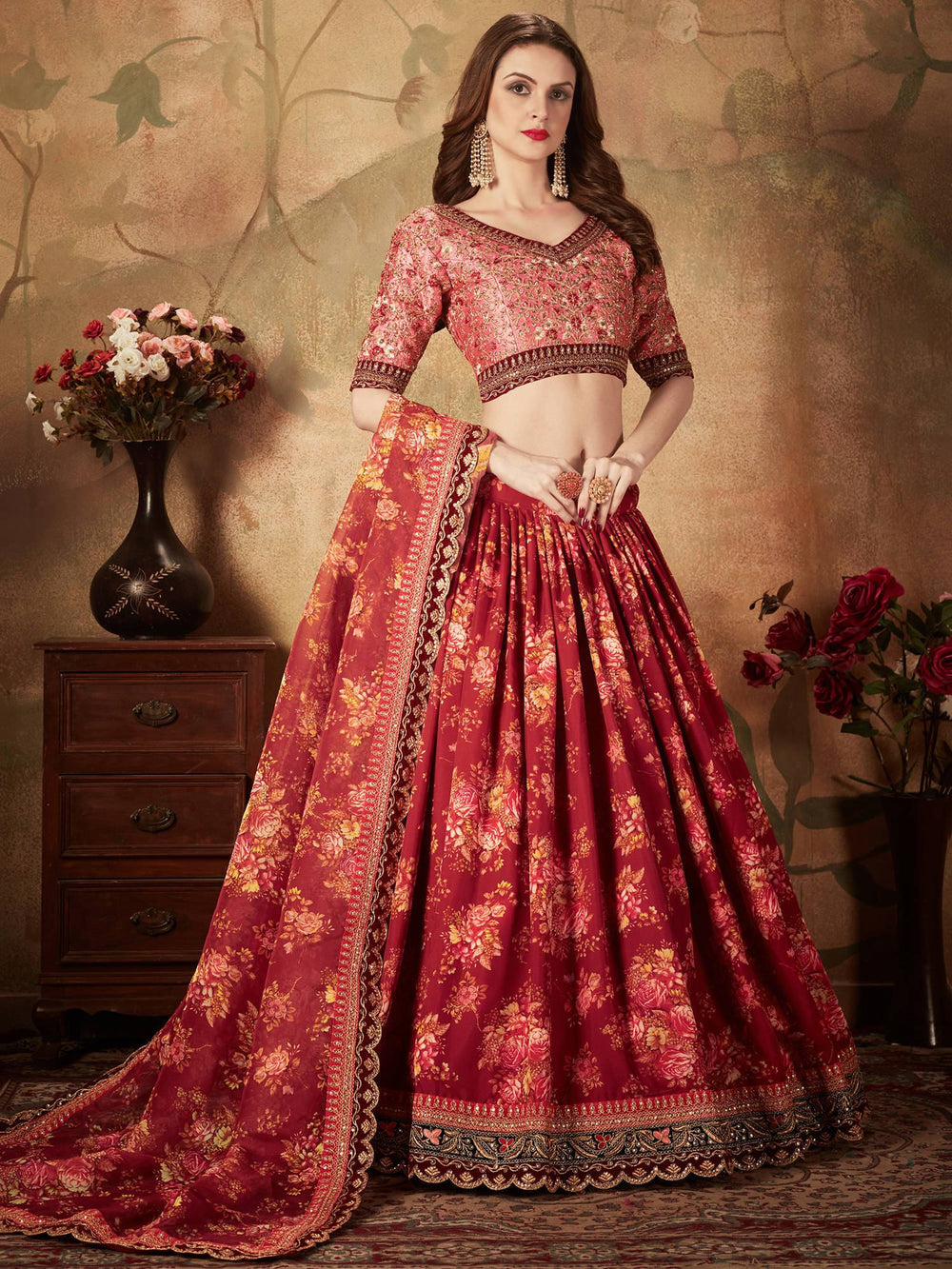 Maroon Floral Digital Printed Organza Bridal Lehenga Choli for Women