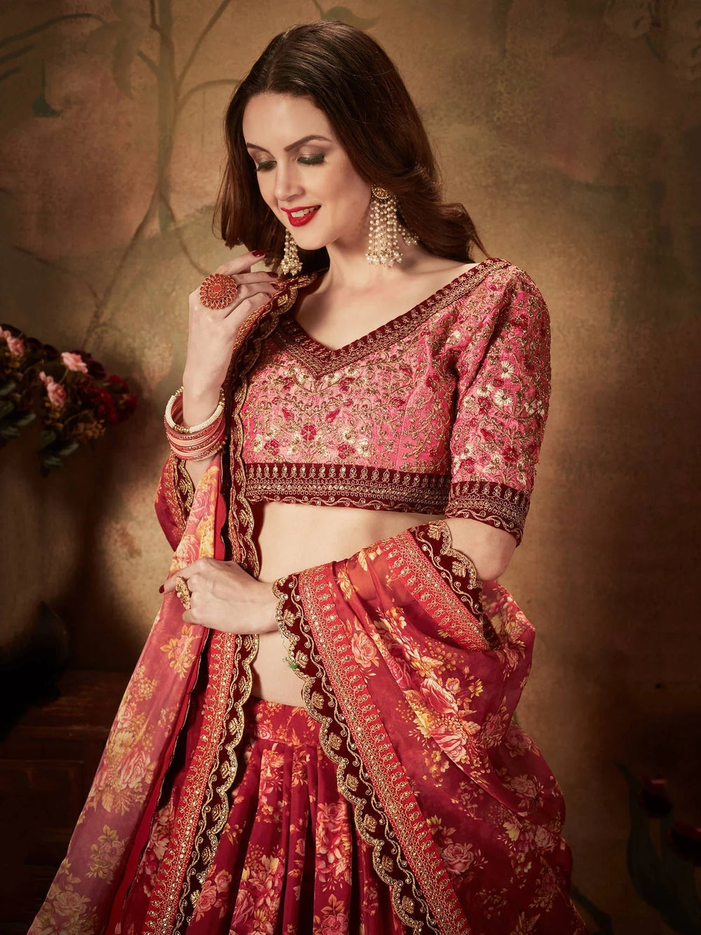 Maroon Floral Digital Printed Organza Bridal Lehenga Choli for Women