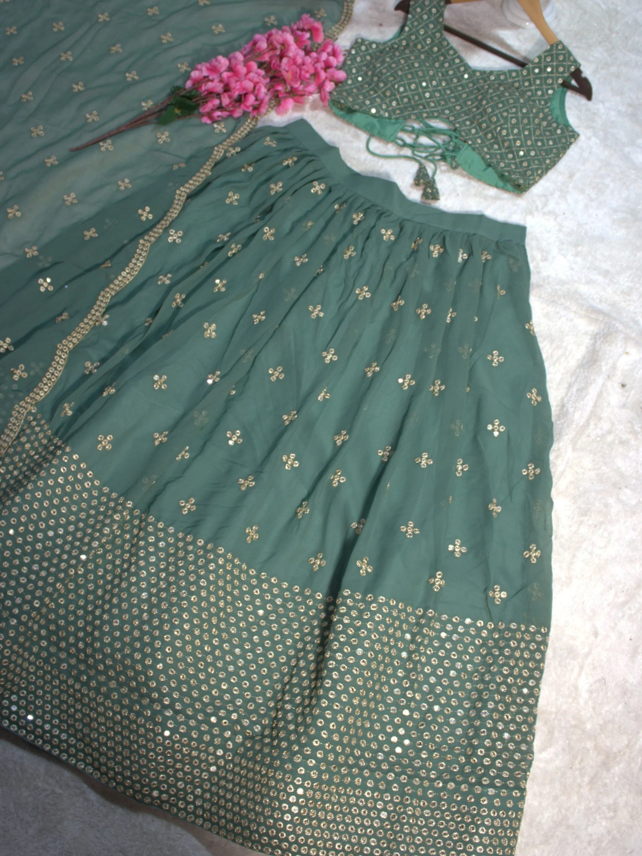 Green Georgette Sequins Embroidered Event Wear Lehenga Choli for Women