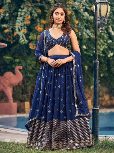 Navy Blue Georgette Sequins Embroidered Lehenga Choli for Women